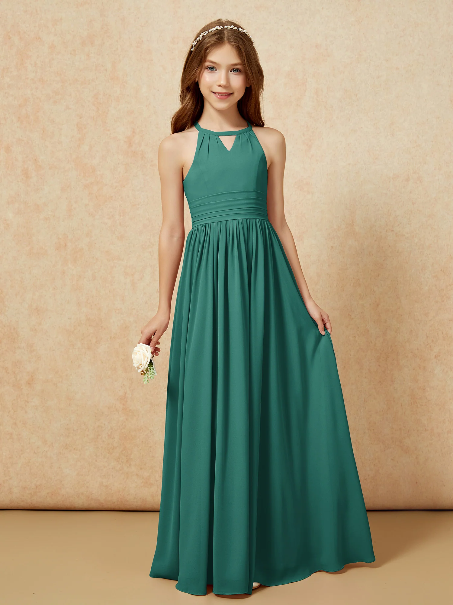 Halter Sleeveless Long Chiffon Junior Bridesmaid Dress Peacock
