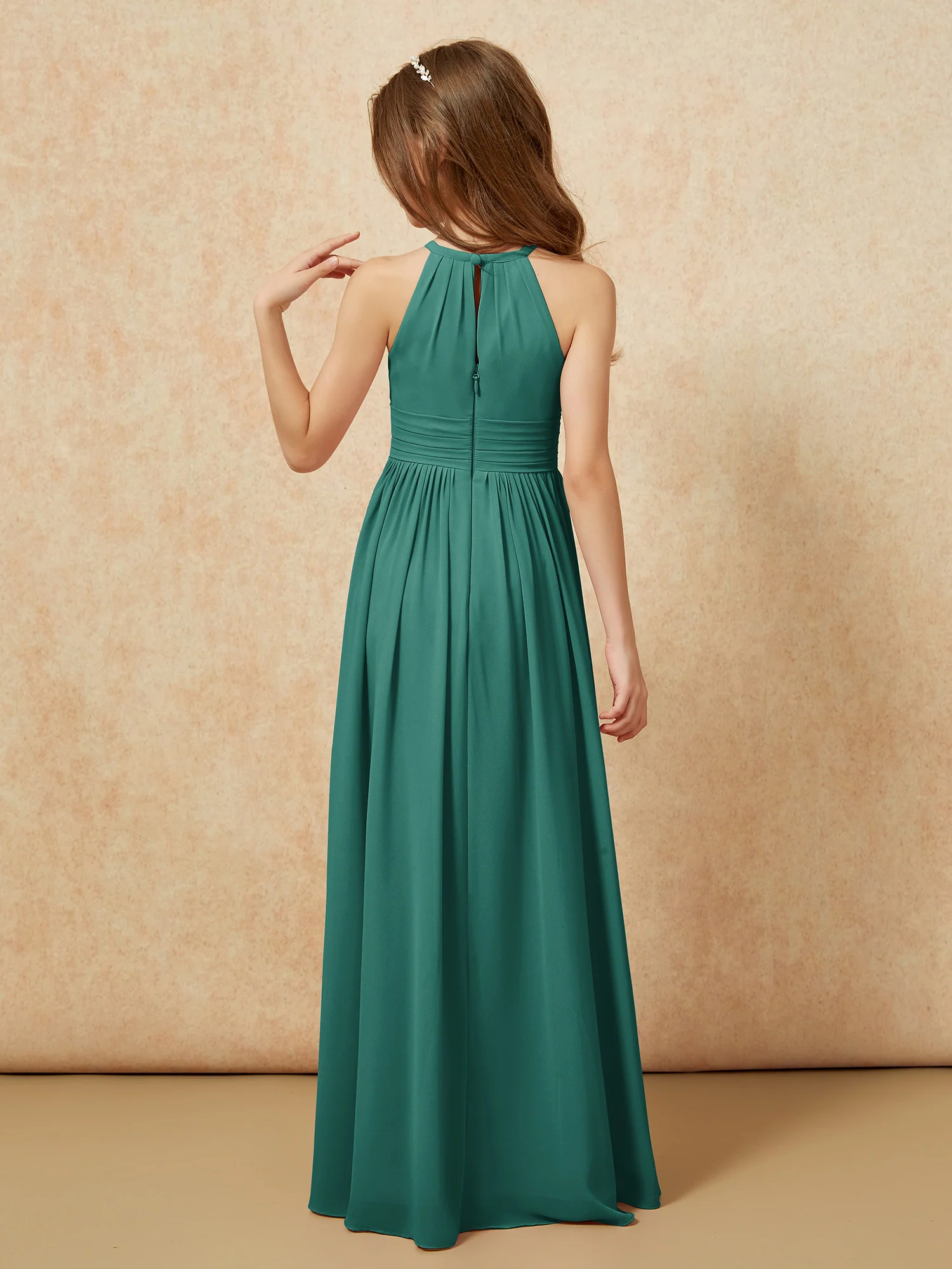 Halter Sleeveless Long Chiffon Junior Bridesmaid Dress Peacock - Image 2