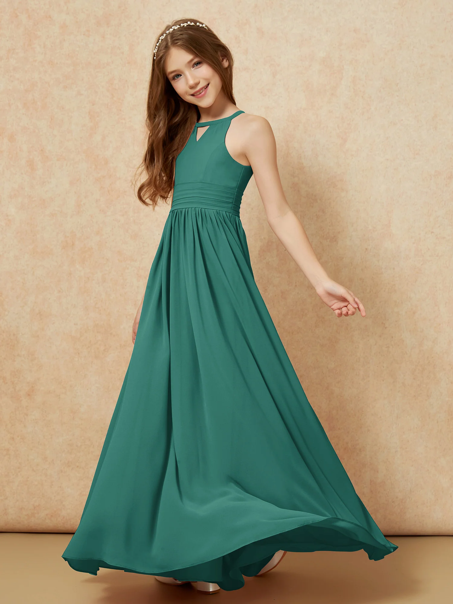 Halter Sleeveless Long Chiffon Junior Bridesmaid Dress Peacock - Image 3