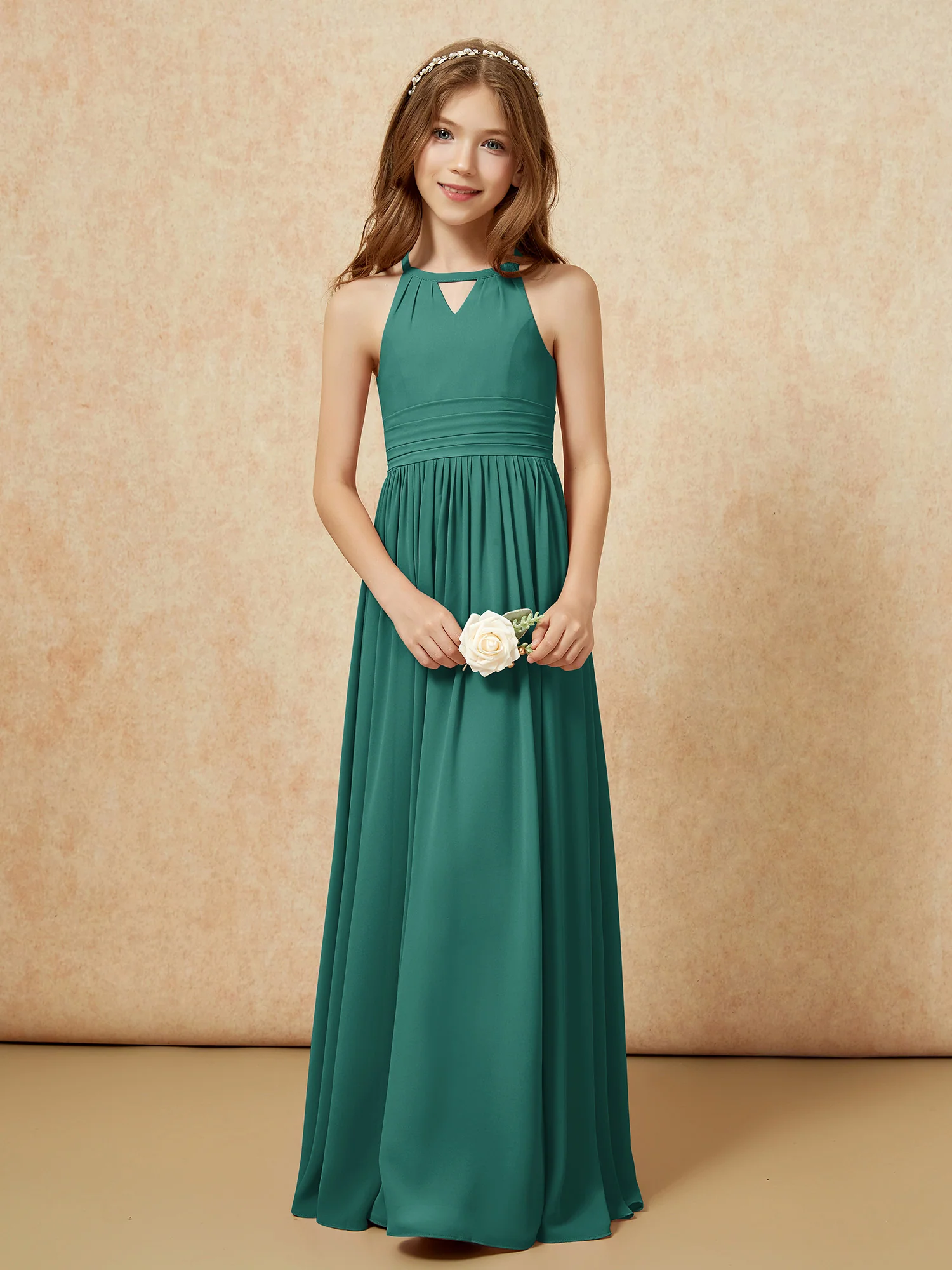 Halter Sleeveless Long Chiffon Junior Bridesmaid Dress Peacock - Image 5