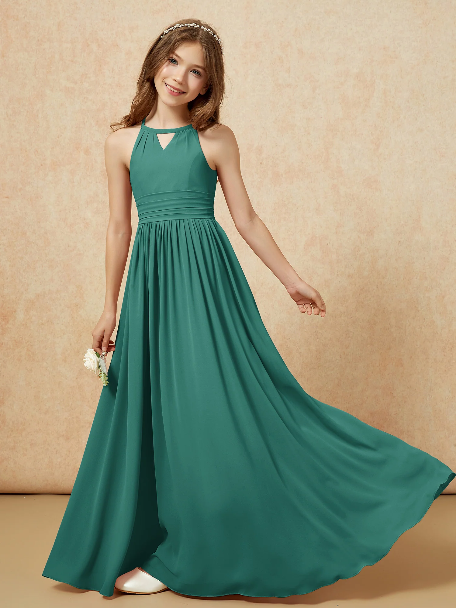 Halter Sleeveless Long Chiffon Junior Bridesmaid Dress Peacock - Image 6