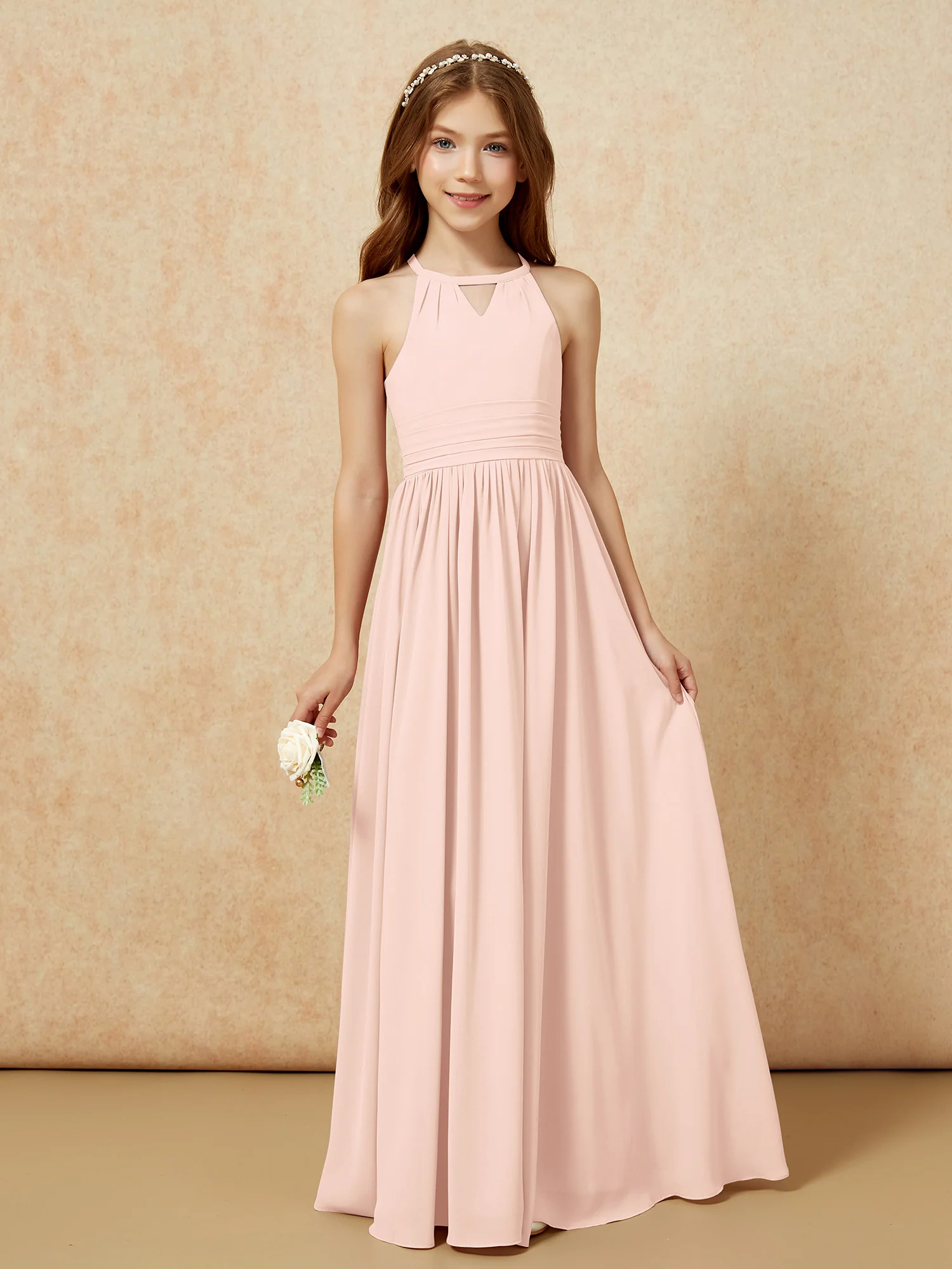Halter Sleeveless Long Chiffon Junior Bridesmaid Dress Pearl Pink