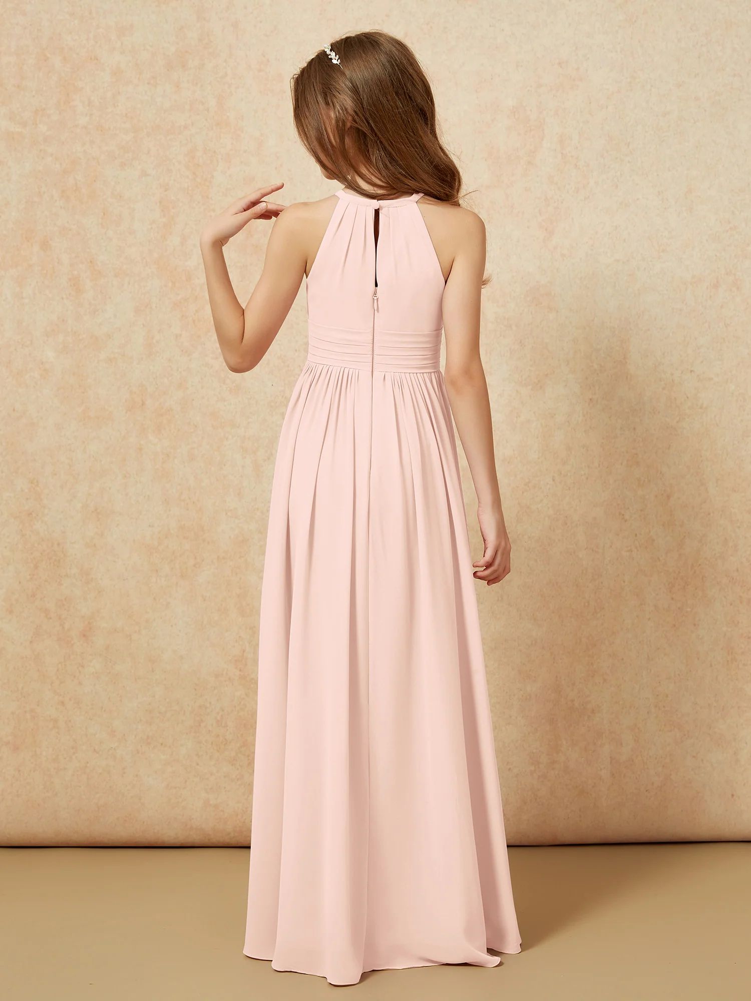 Halter Sleeveless Long Chiffon Junior Bridesmaid Dress Pearl Pink - Image 2