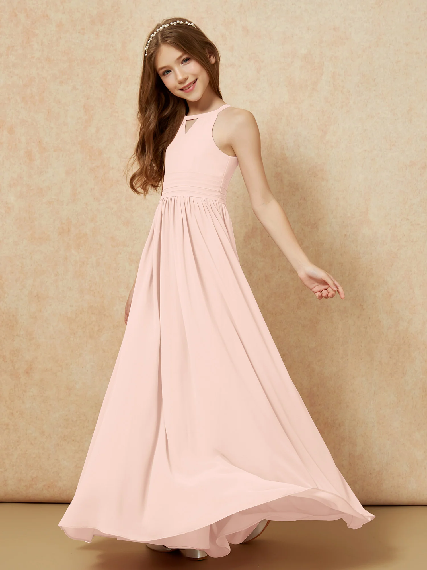 Halter Sleeveless Long Chiffon Junior Bridesmaid Dress Pearl Pink - Image 3