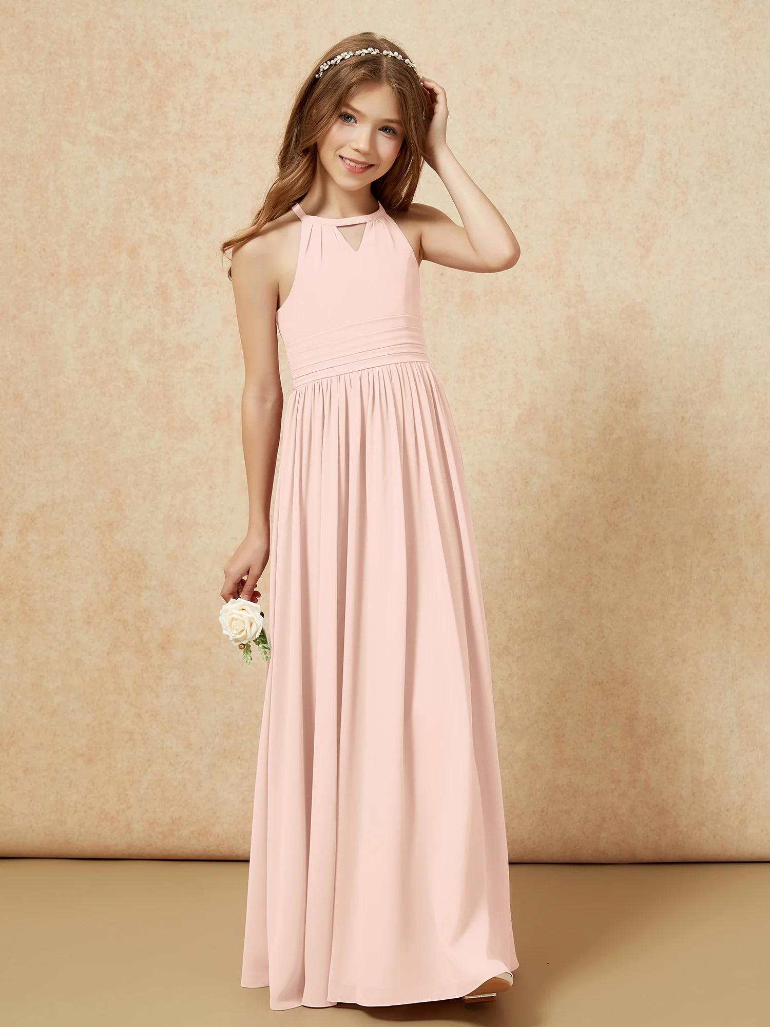 Halter Sleeveless Long Chiffon Junior Bridesmaid Dress Pearl Pink - Image 4