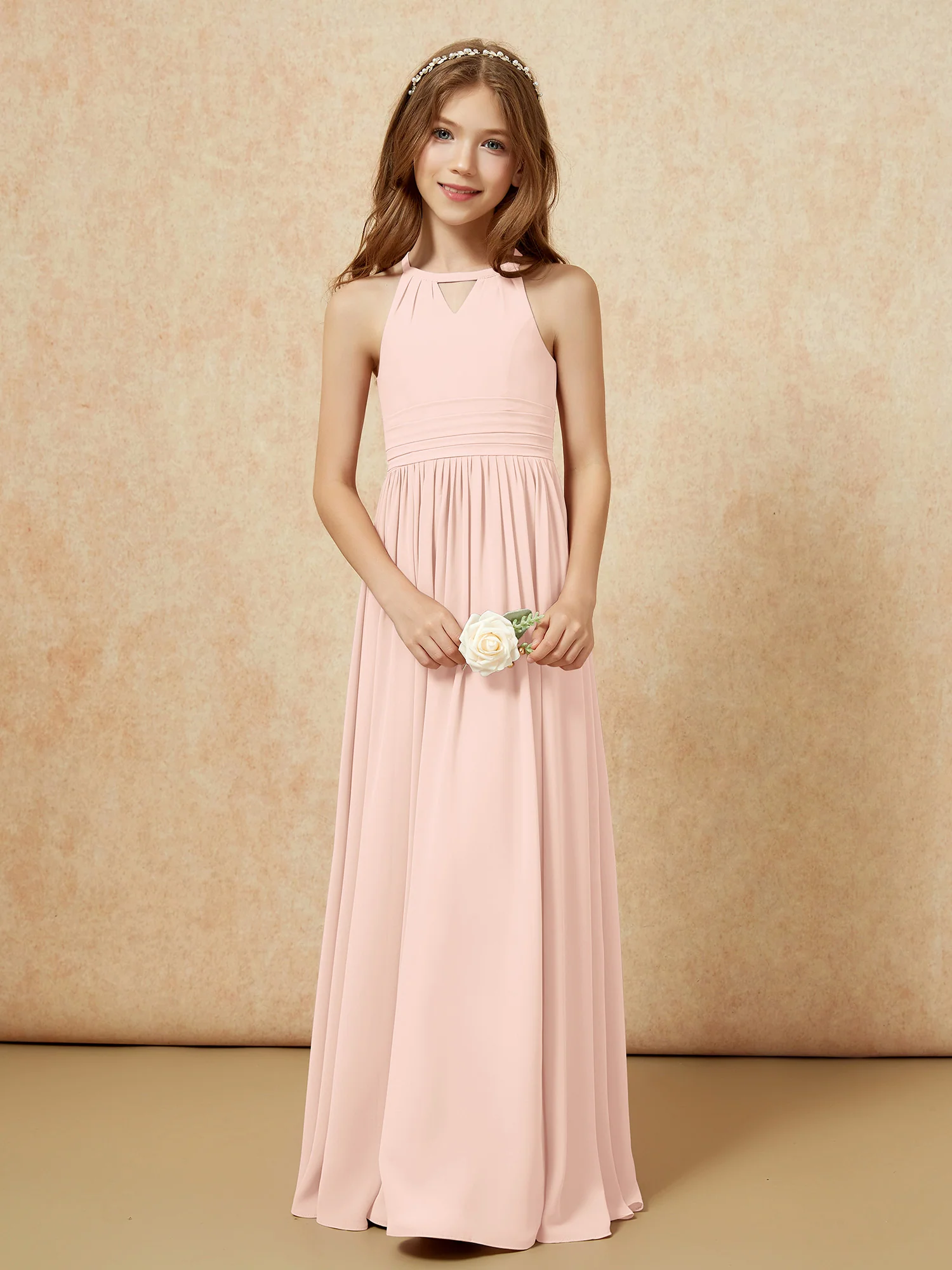Halter Sleeveless Long Chiffon Junior Bridesmaid Dress Pearl Pink - Image 5