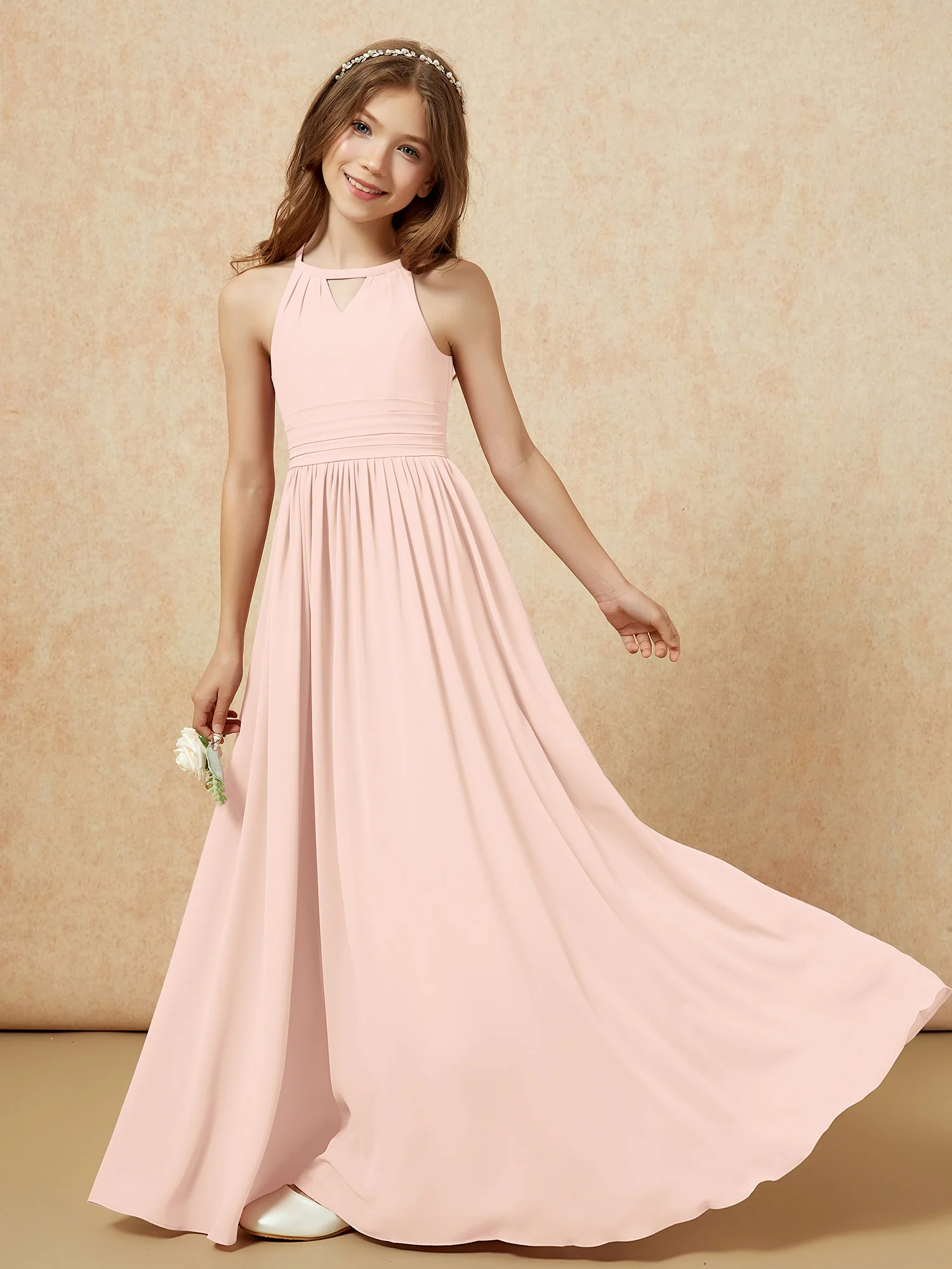 Halter Sleeveless Long Chiffon Junior Bridesmaid Dress Pearl Pink - Image 6
