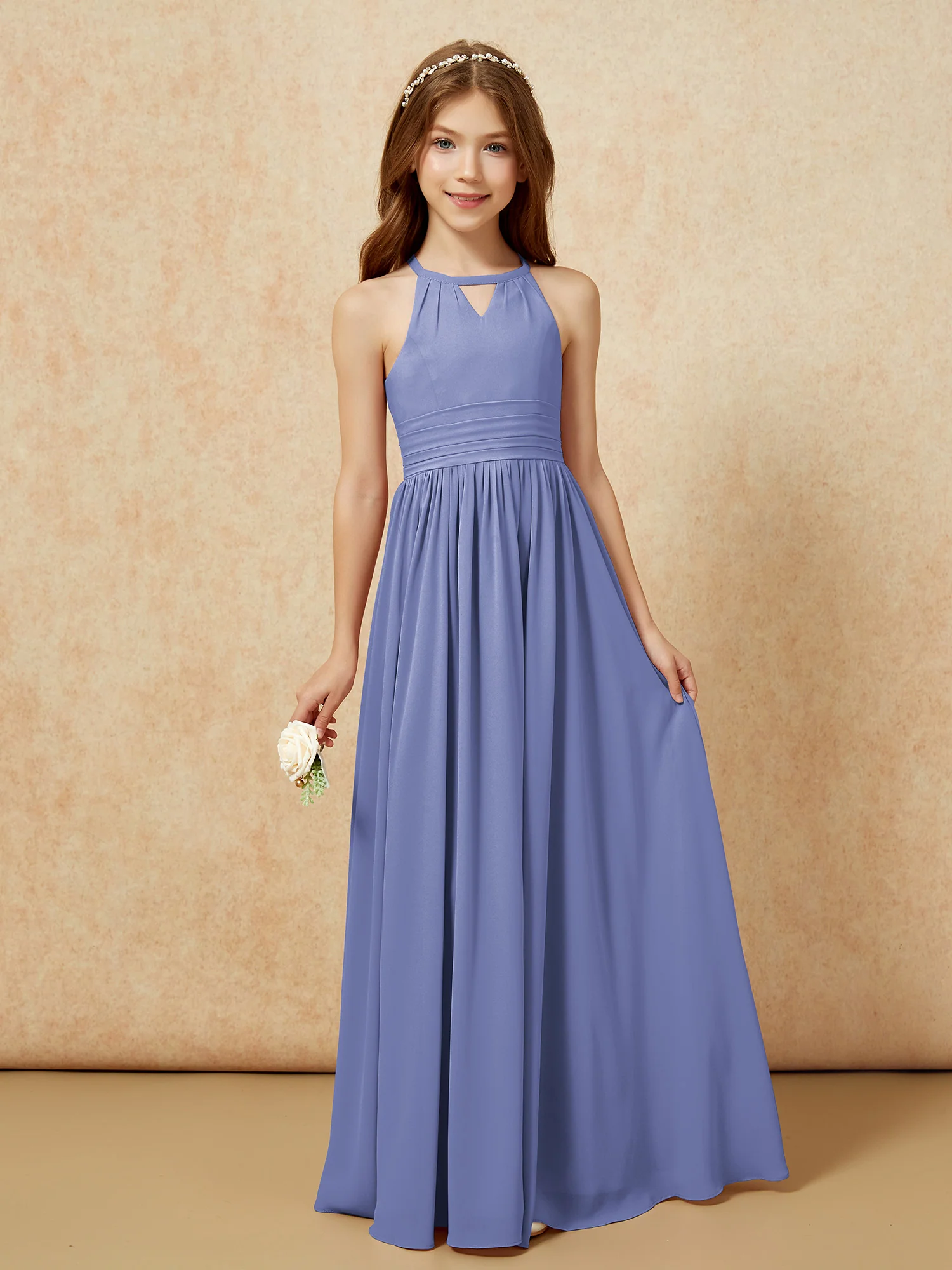 Halter Sleeveless Long Chiffon Junior Bridesmaid Dress Periwinkle