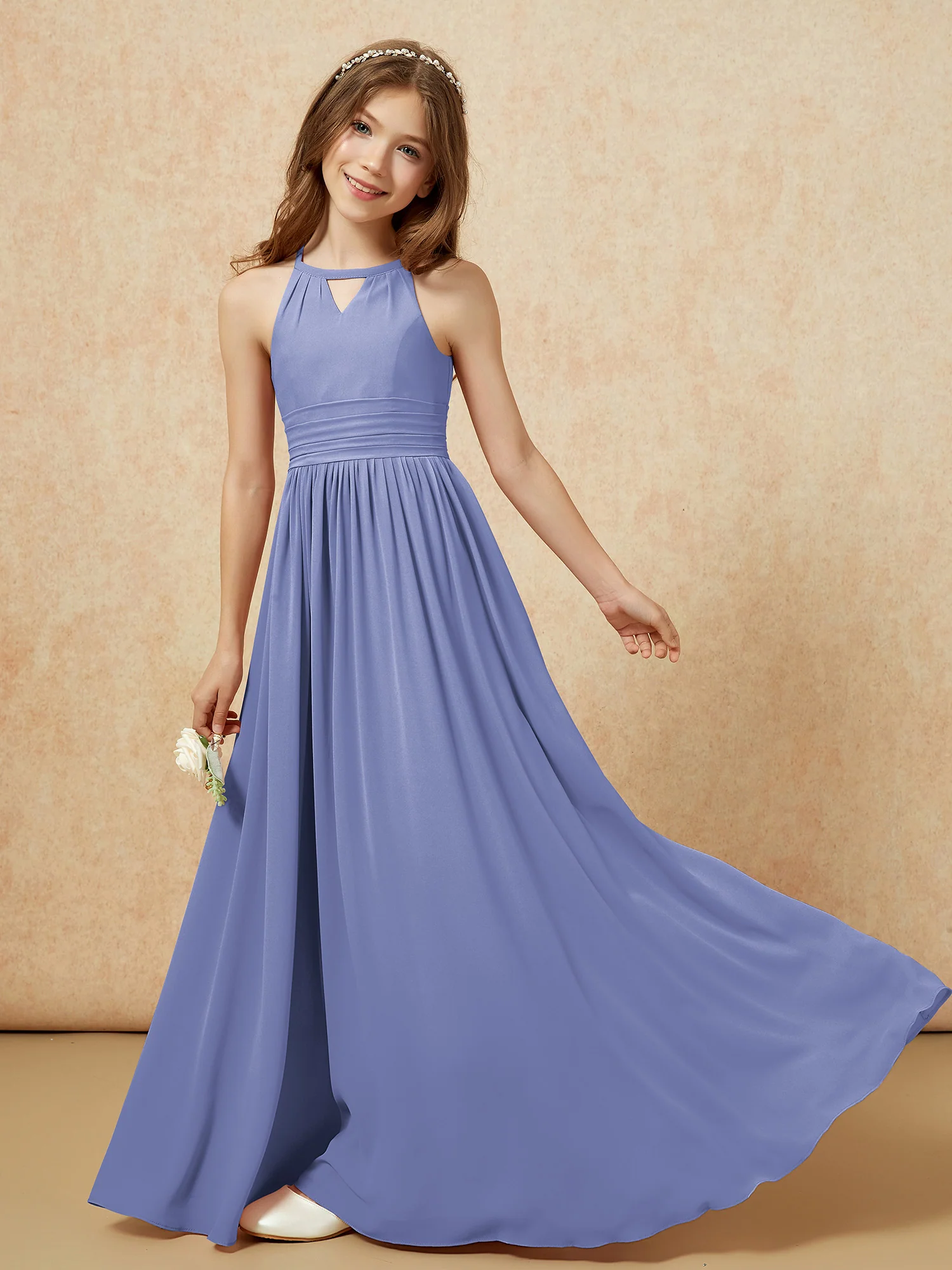 Halter Sleeveless Long Chiffon Junior Bridesmaid Dress Periwinkle - Image 6