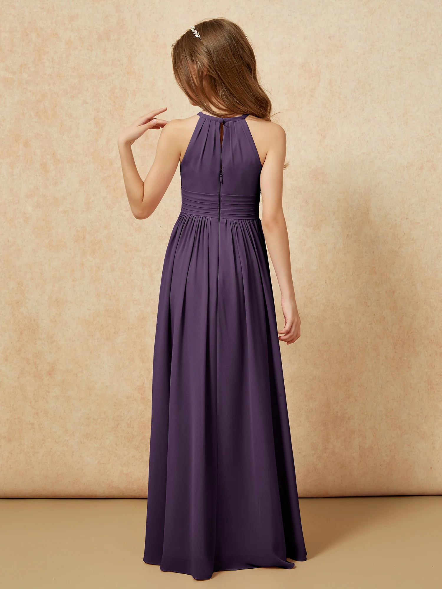 Halter Sleeveless Long Chiffon Junior Bridesmaid Dress Plum - Image 2