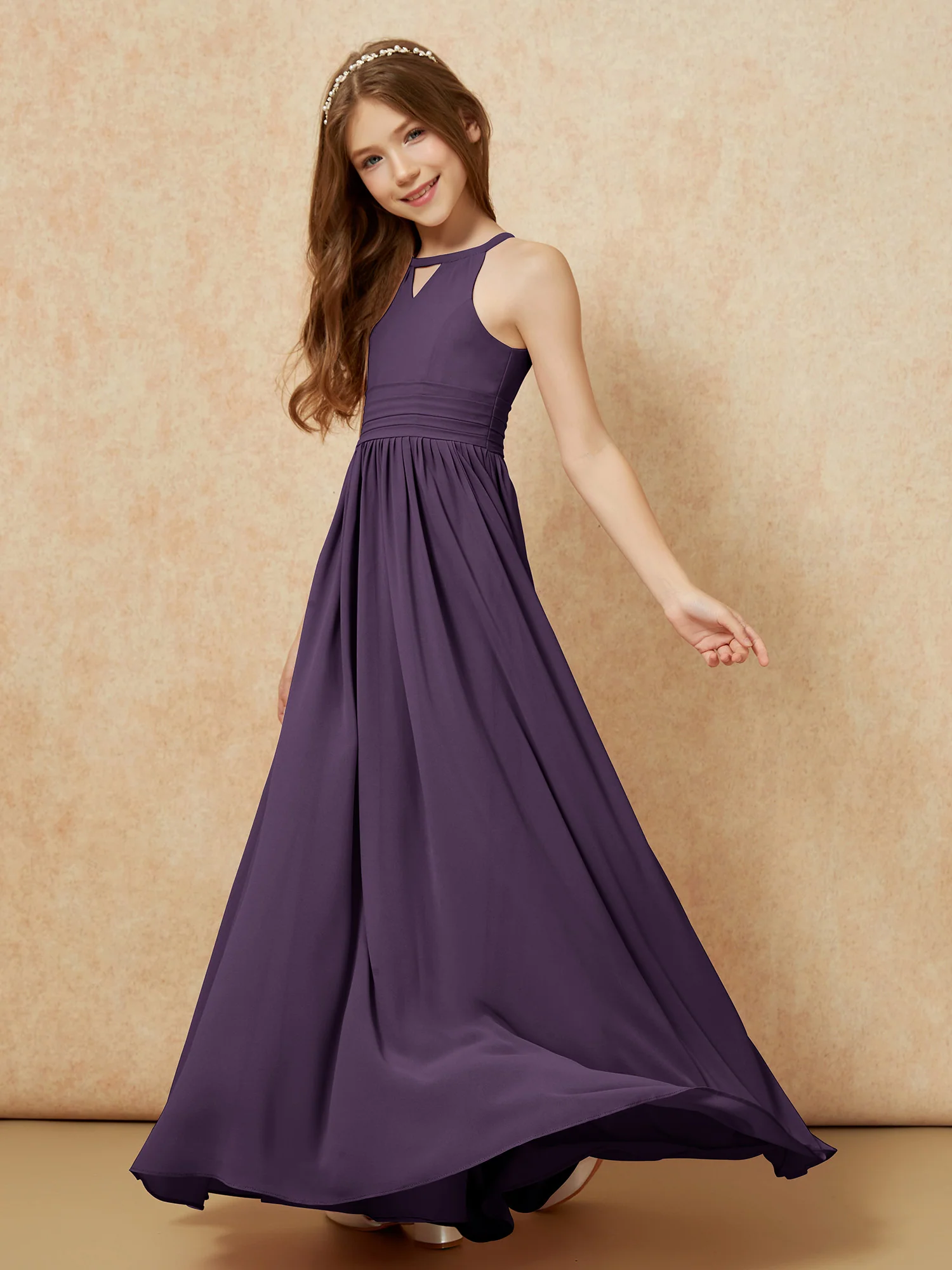 Halter Sleeveless Long Chiffon Junior Bridesmaid Dress Plum - Image 3