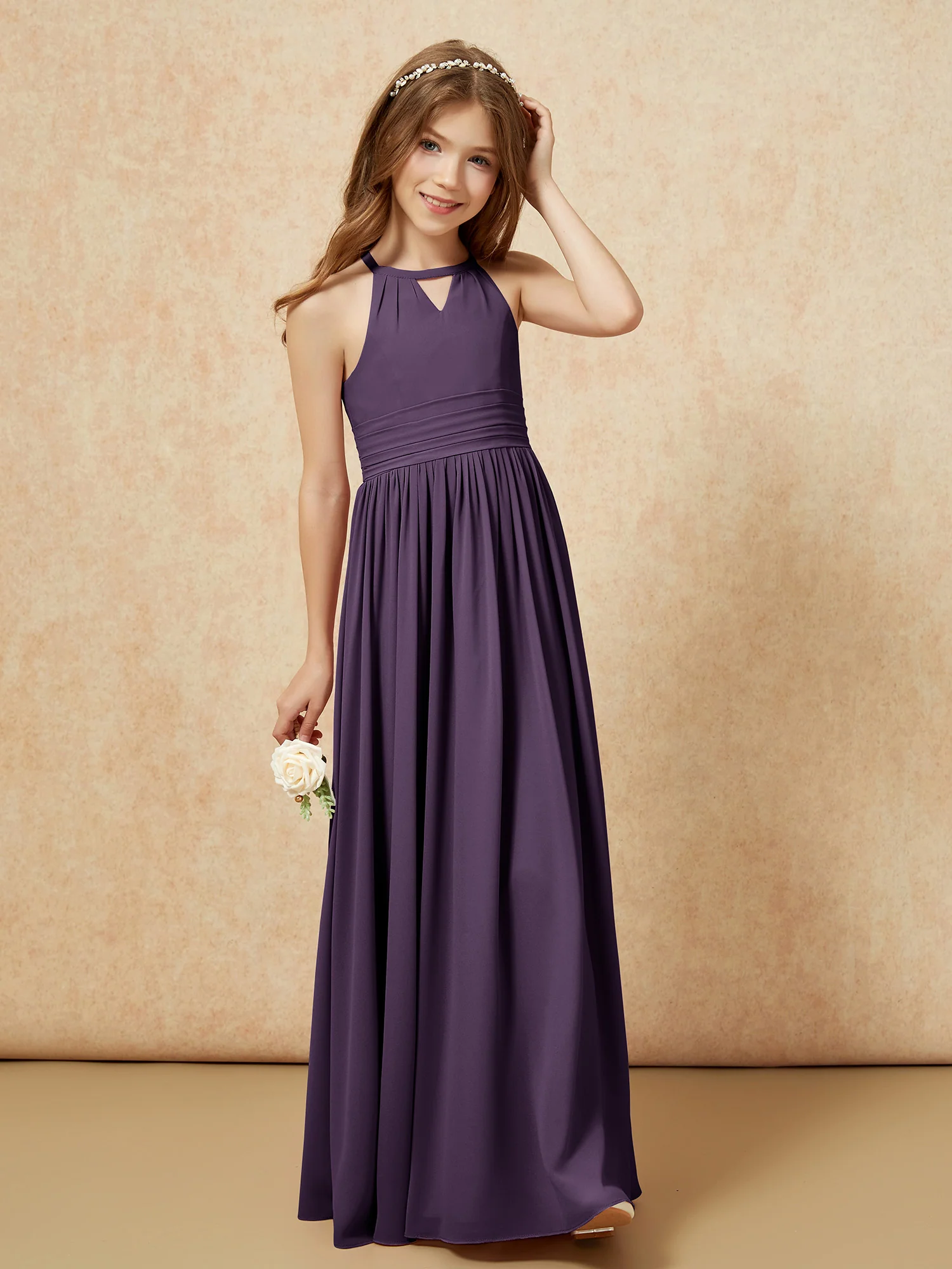 Halter Sleeveless Long Chiffon Junior Bridesmaid Dress Plum - Image 4