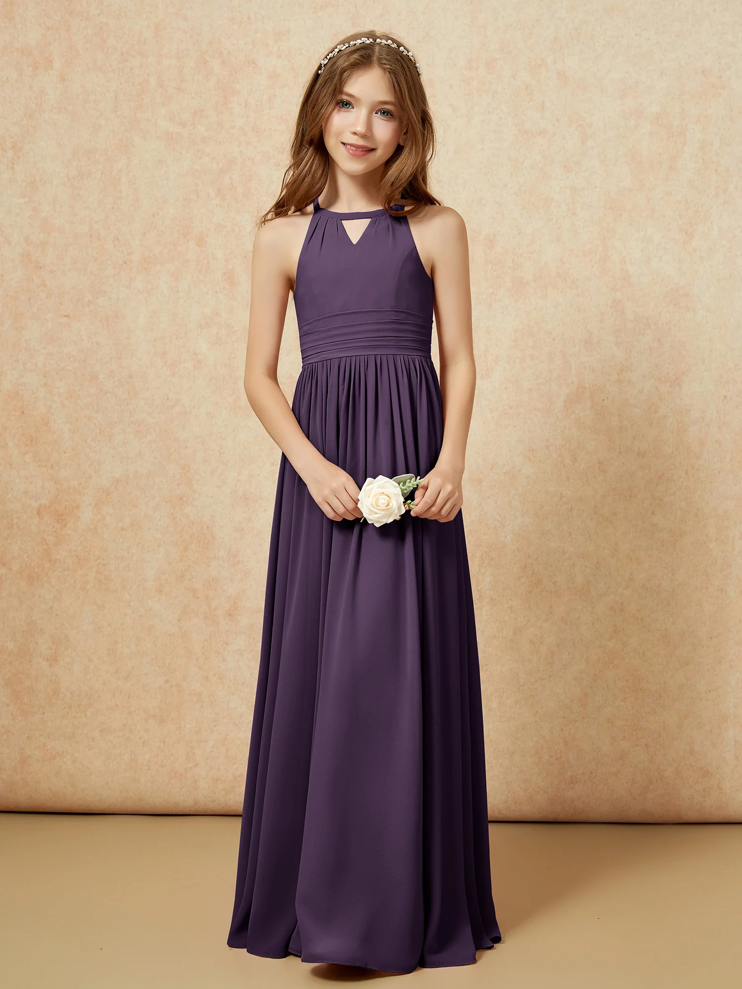 Halter Sleeveless Long Chiffon Junior Bridesmaid Dress Plum - Image 5
