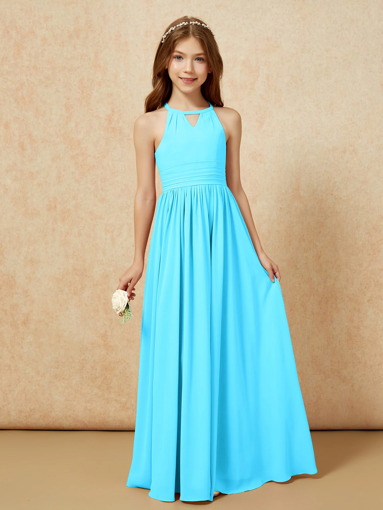 Halter Sleeveless Long Chiffon Junior Bridesmaid Dress Pool