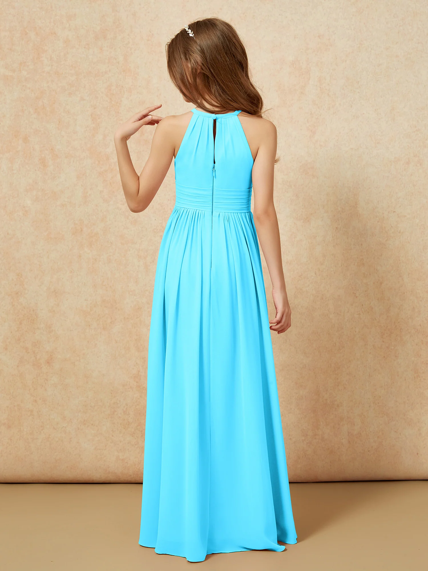 Halter Sleeveless Long Chiffon Junior Bridesmaid Dress Pool - Image 2