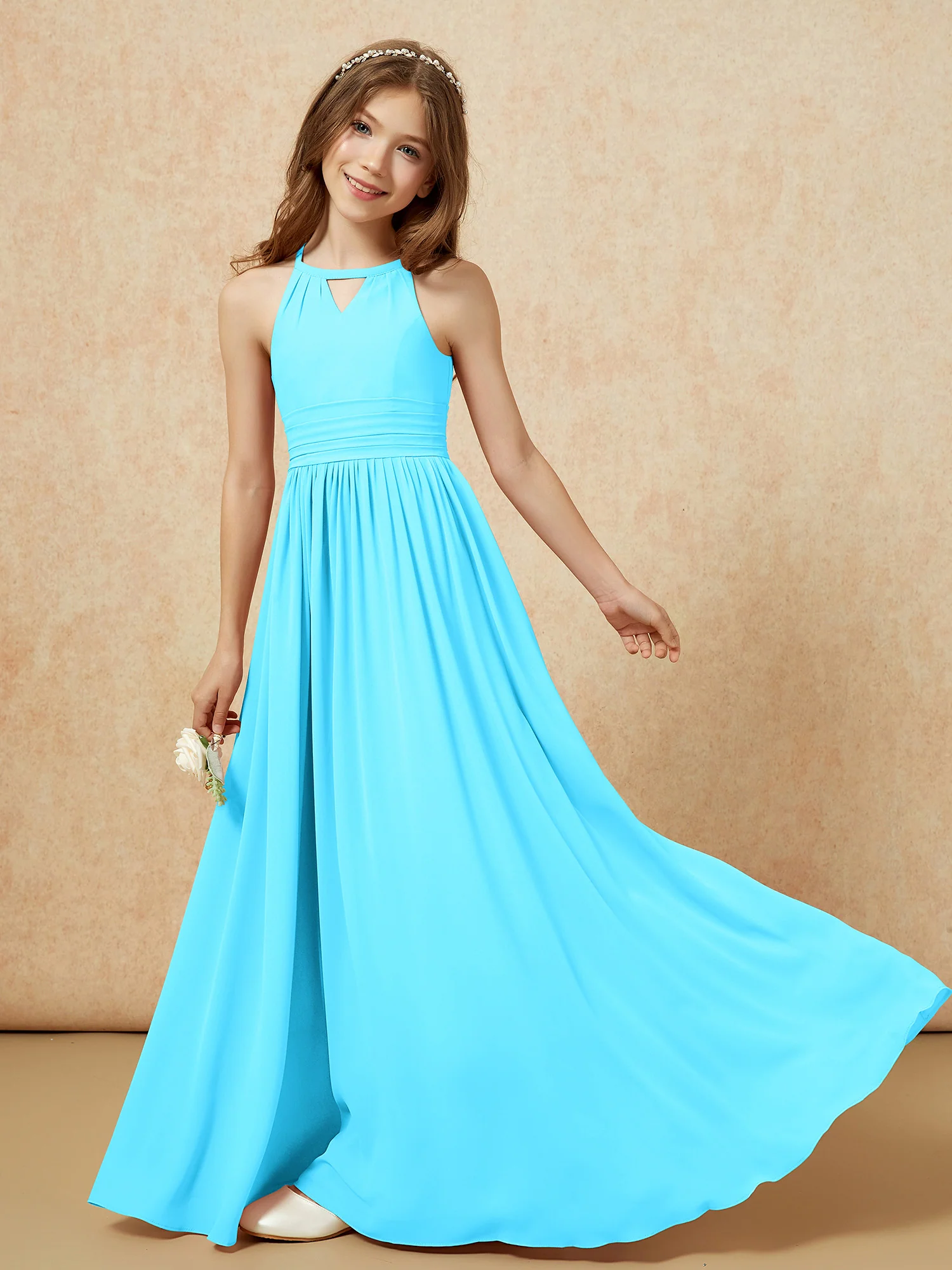 Halter Sleeveless Long Chiffon Junior Bridesmaid Dress Pool - Image 6