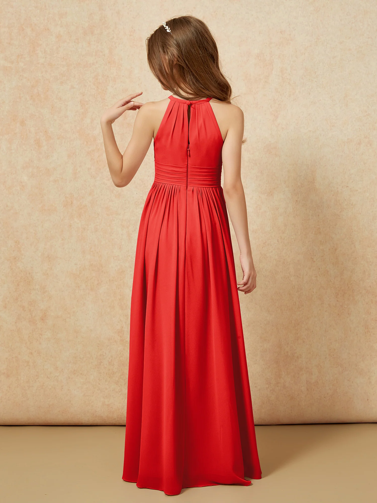 Halter Sleeveless Long Chiffon Junior Bridesmaid Dress Red - Image 2