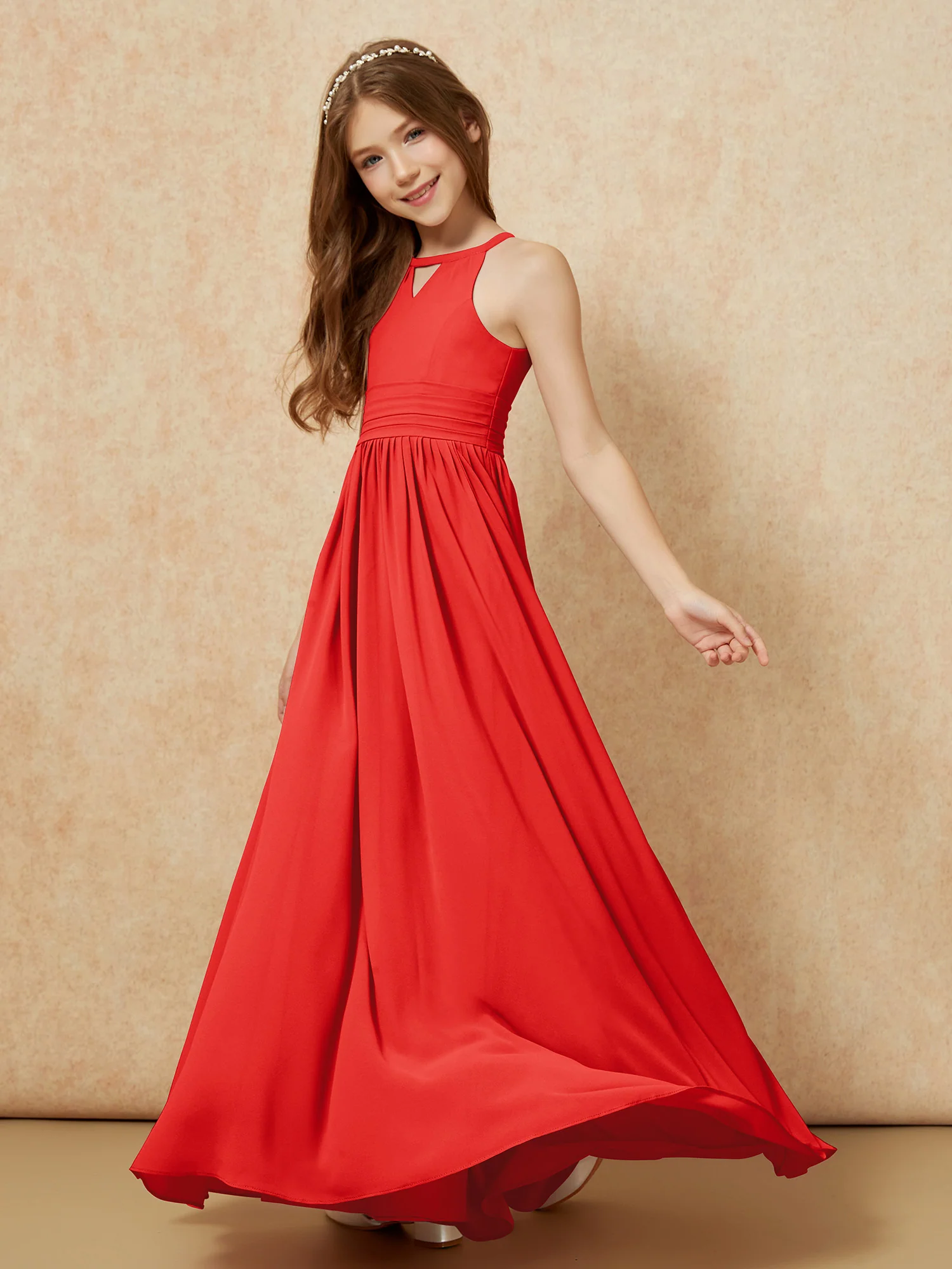 Halter Sleeveless Long Chiffon Junior Bridesmaid Dress Red - Image 3