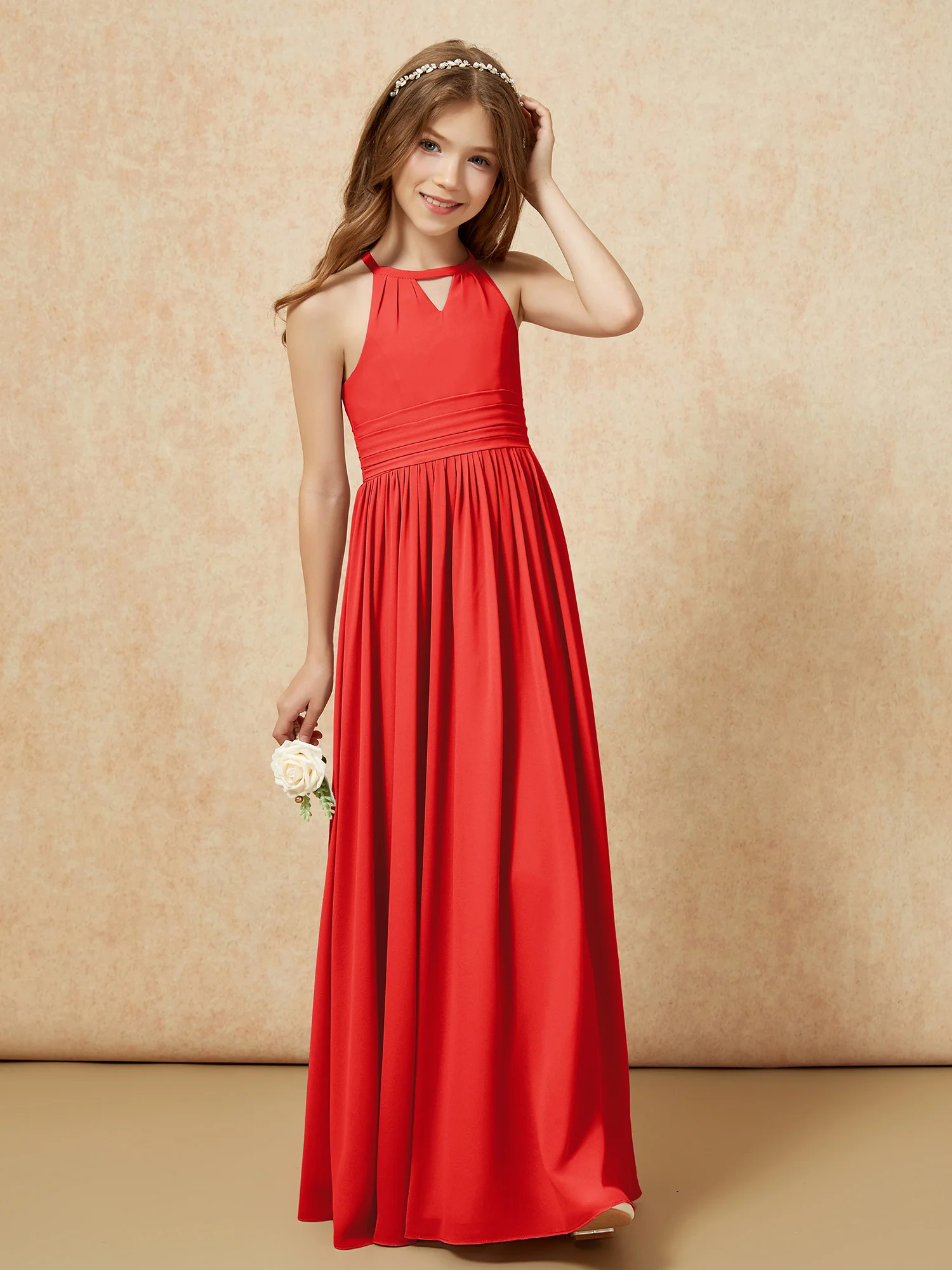 Halter Sleeveless Long Chiffon Junior Bridesmaid Dress Red - Image 4