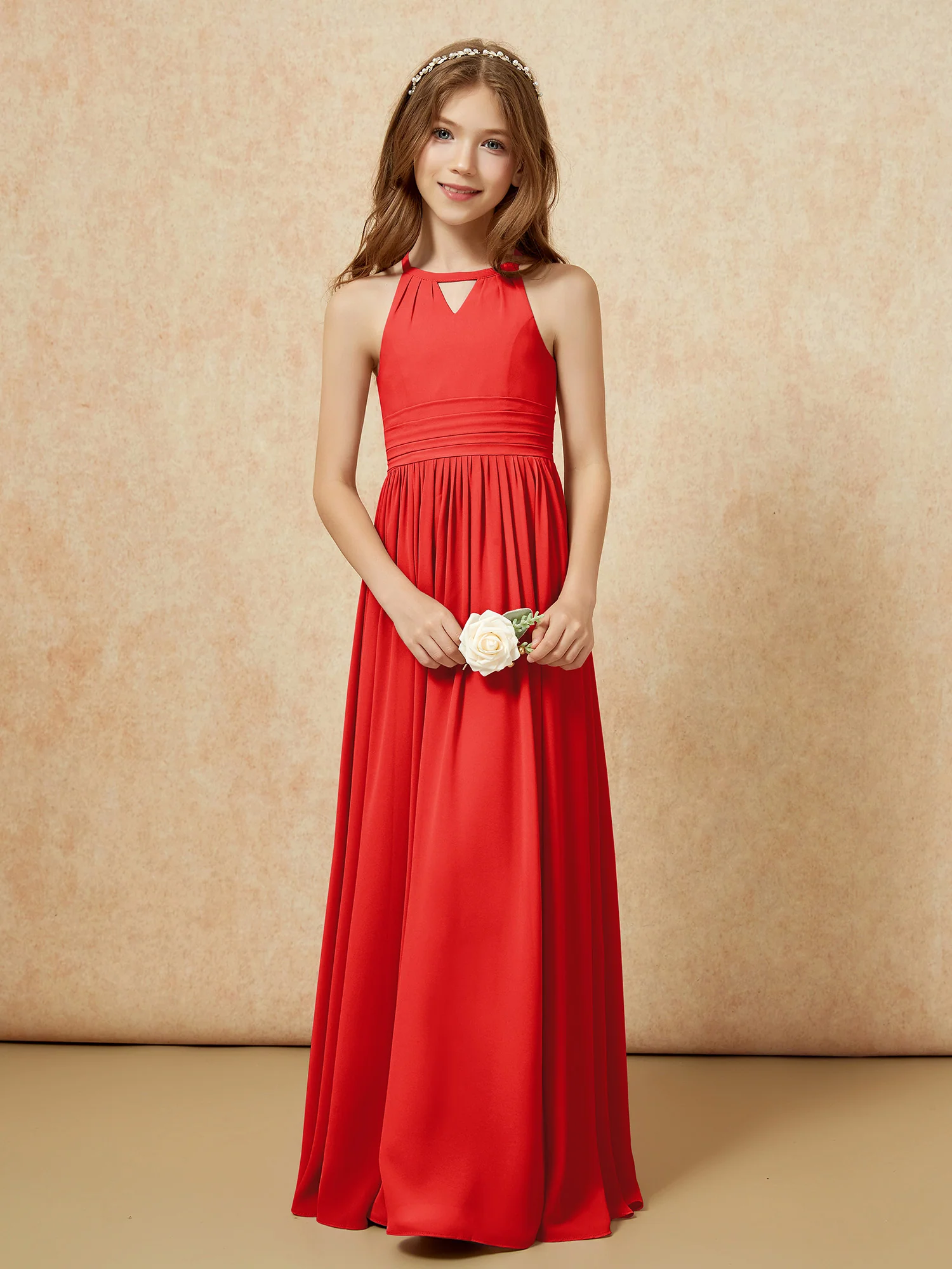 Halter Sleeveless Long Chiffon Junior Bridesmaid Dress Red - Image 5