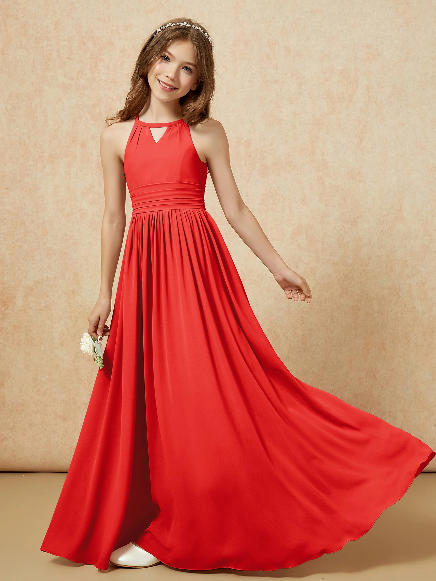 Halter Sleeveless Long Chiffon Junior Bridesmaid Dress Red - Image 6