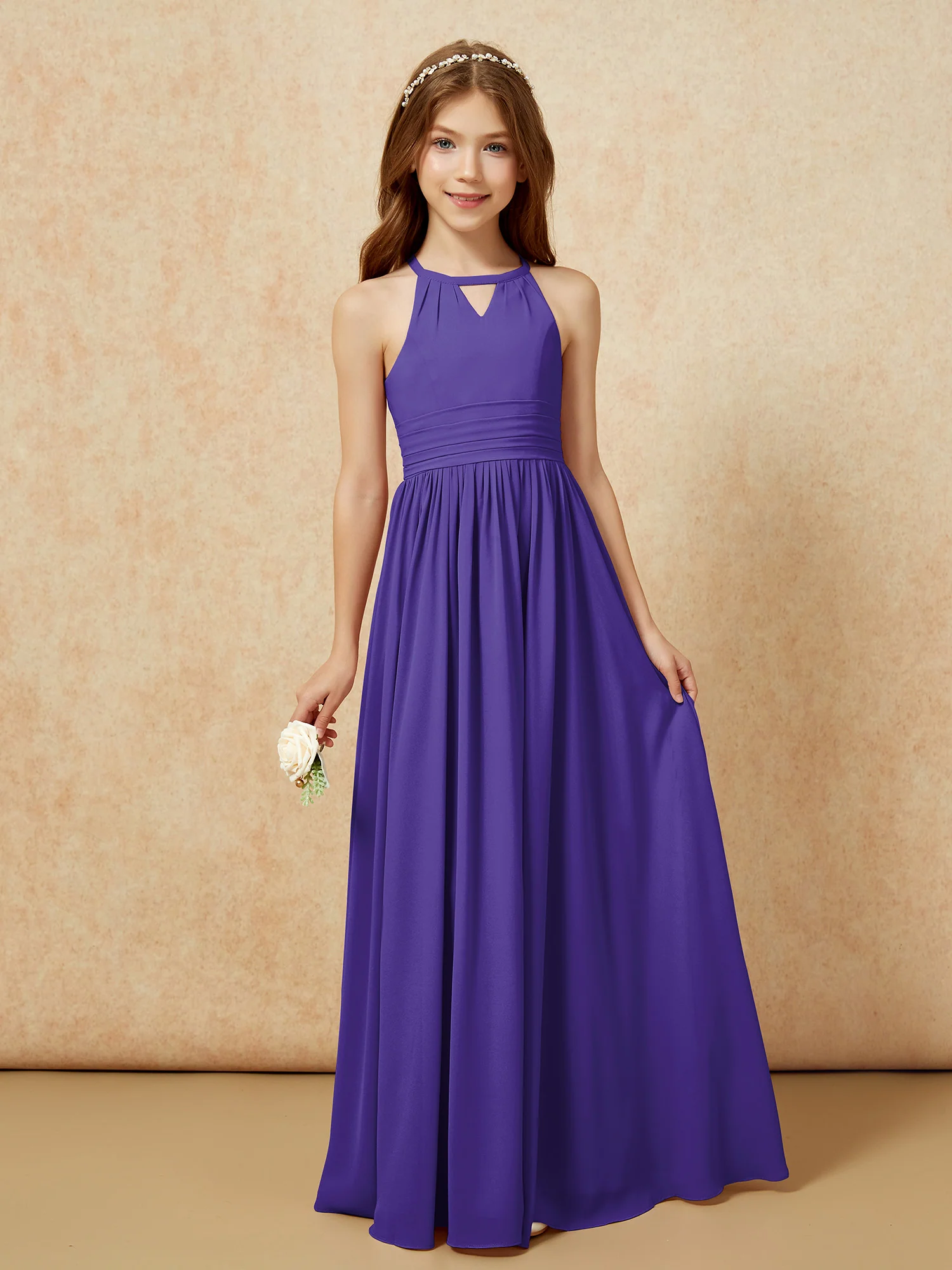 Halter Sleeveless Long Chiffon Junior Bridesmaid Dress Regency