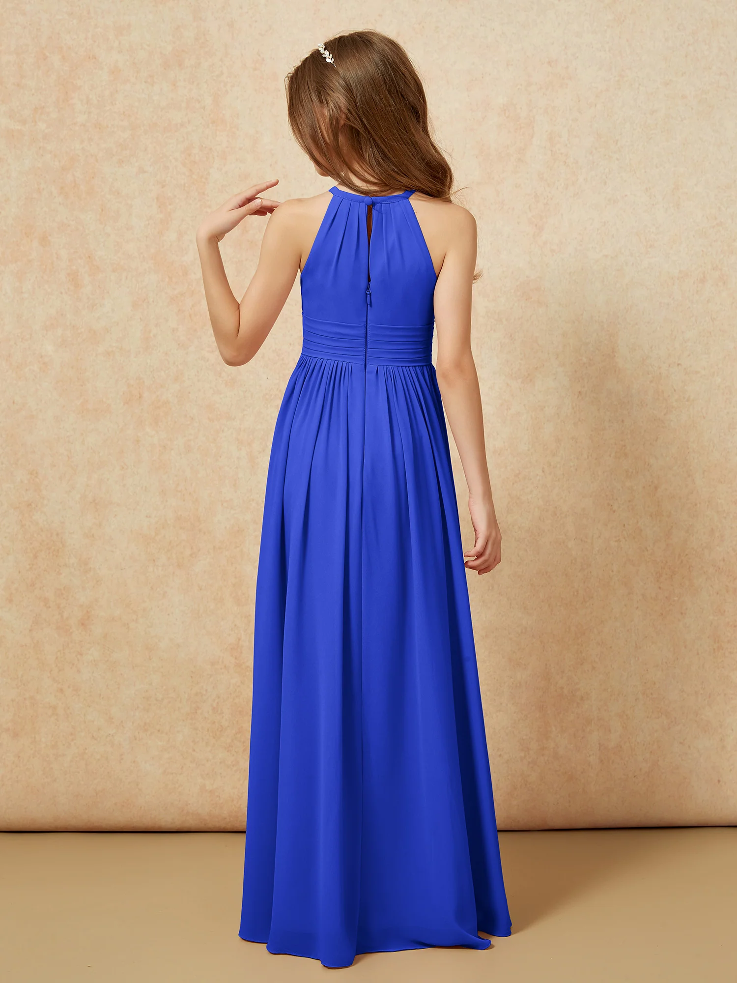 Halter Sleeveless Long Chiffon Junior Bridesmaid Dress Royal Blue - Image 2
