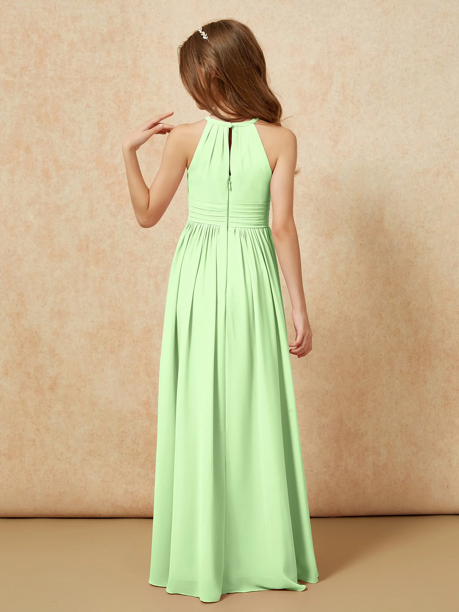 Halter Sleeveless Long Chiffon Junior Bridesmaid Dress Sage - Image 2