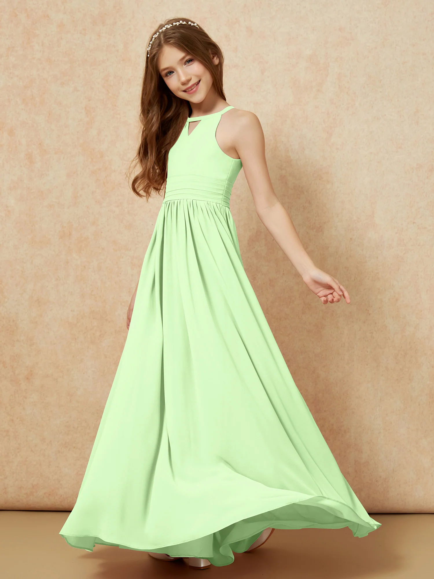 Halter Sleeveless Long Chiffon Junior Bridesmaid Dress Sage - Image 3