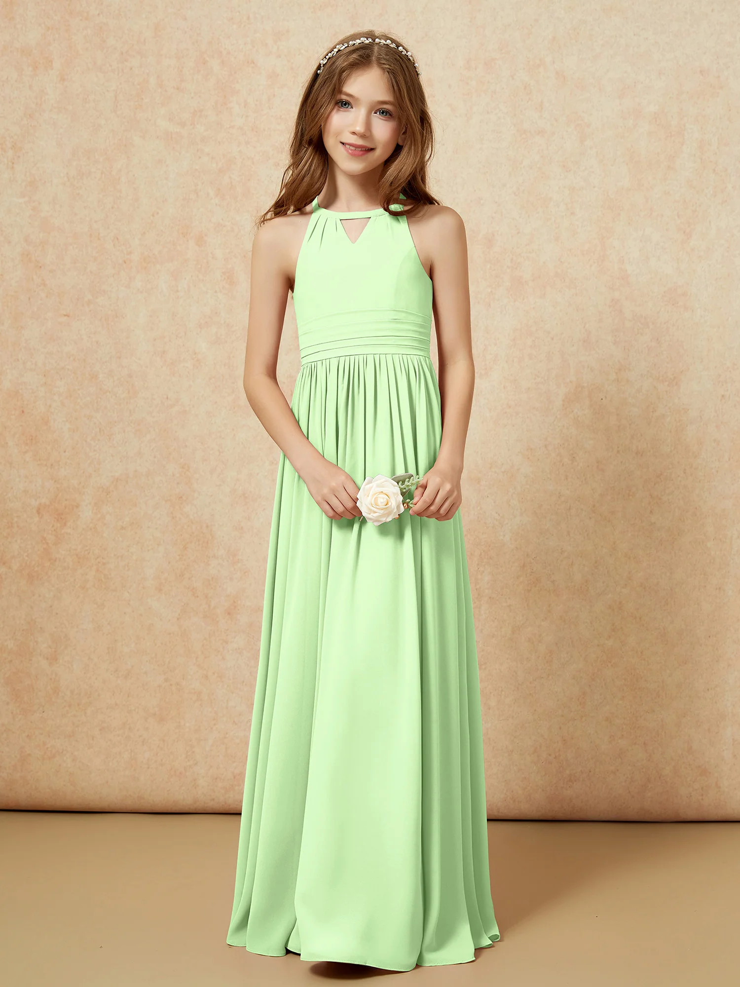 Halter Sleeveless Long Chiffon Junior Bridesmaid Dress Sage - Image 5