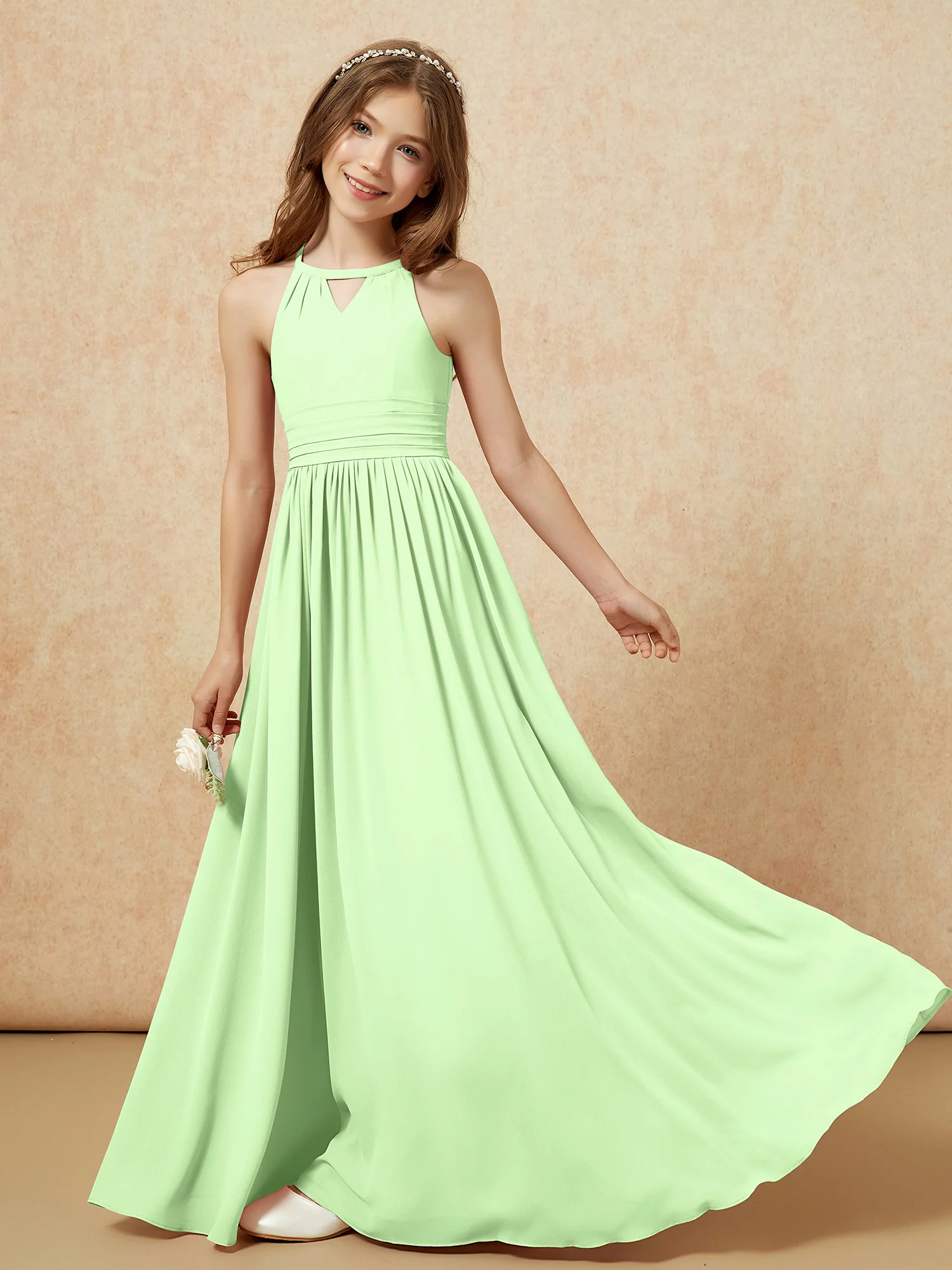 Halter Sleeveless Long Chiffon Junior Bridesmaid Dress Sage - Image 6