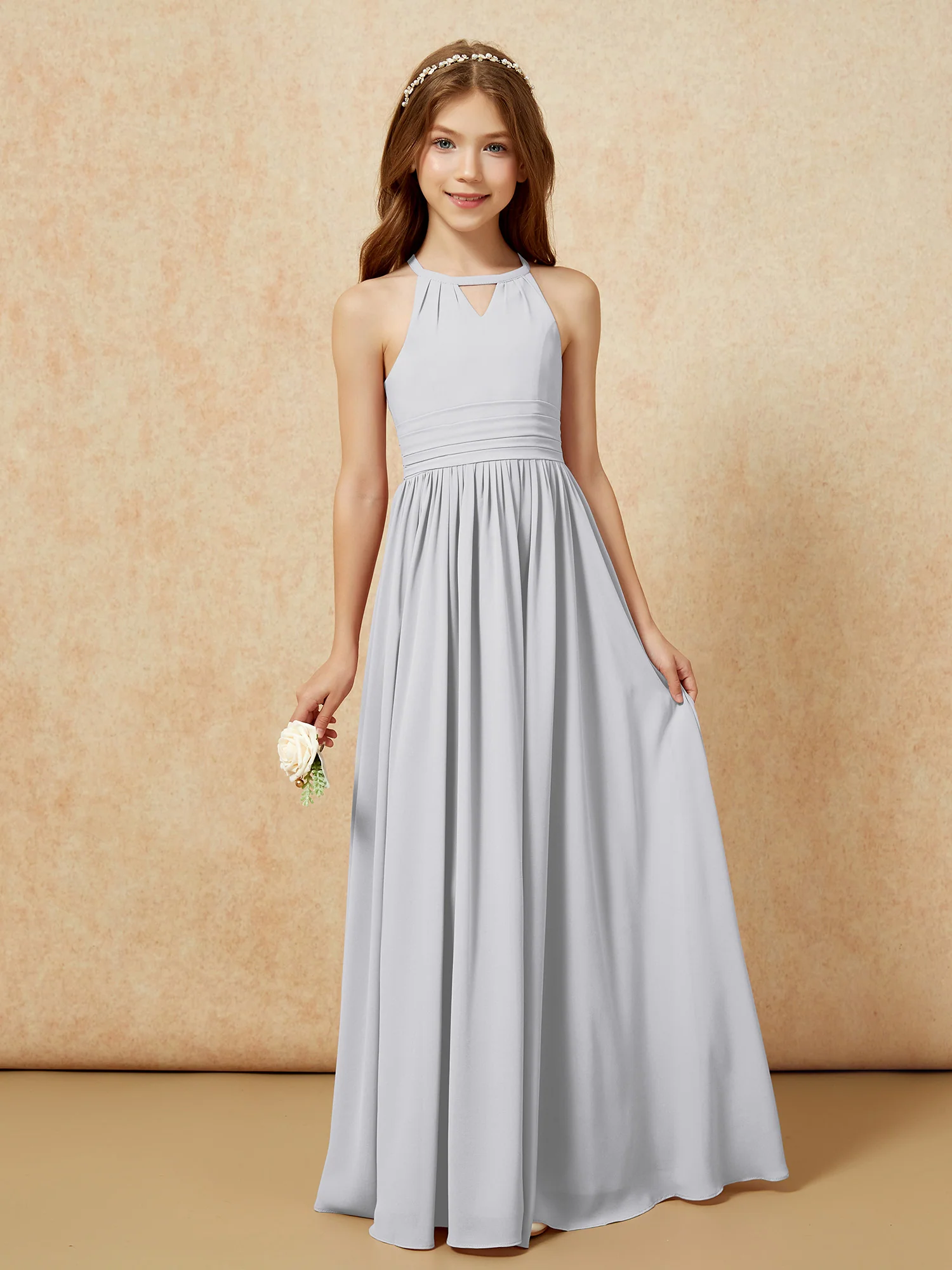 Halter Sleeveless Long Chiffon Junior Bridesmaid Dress Silver