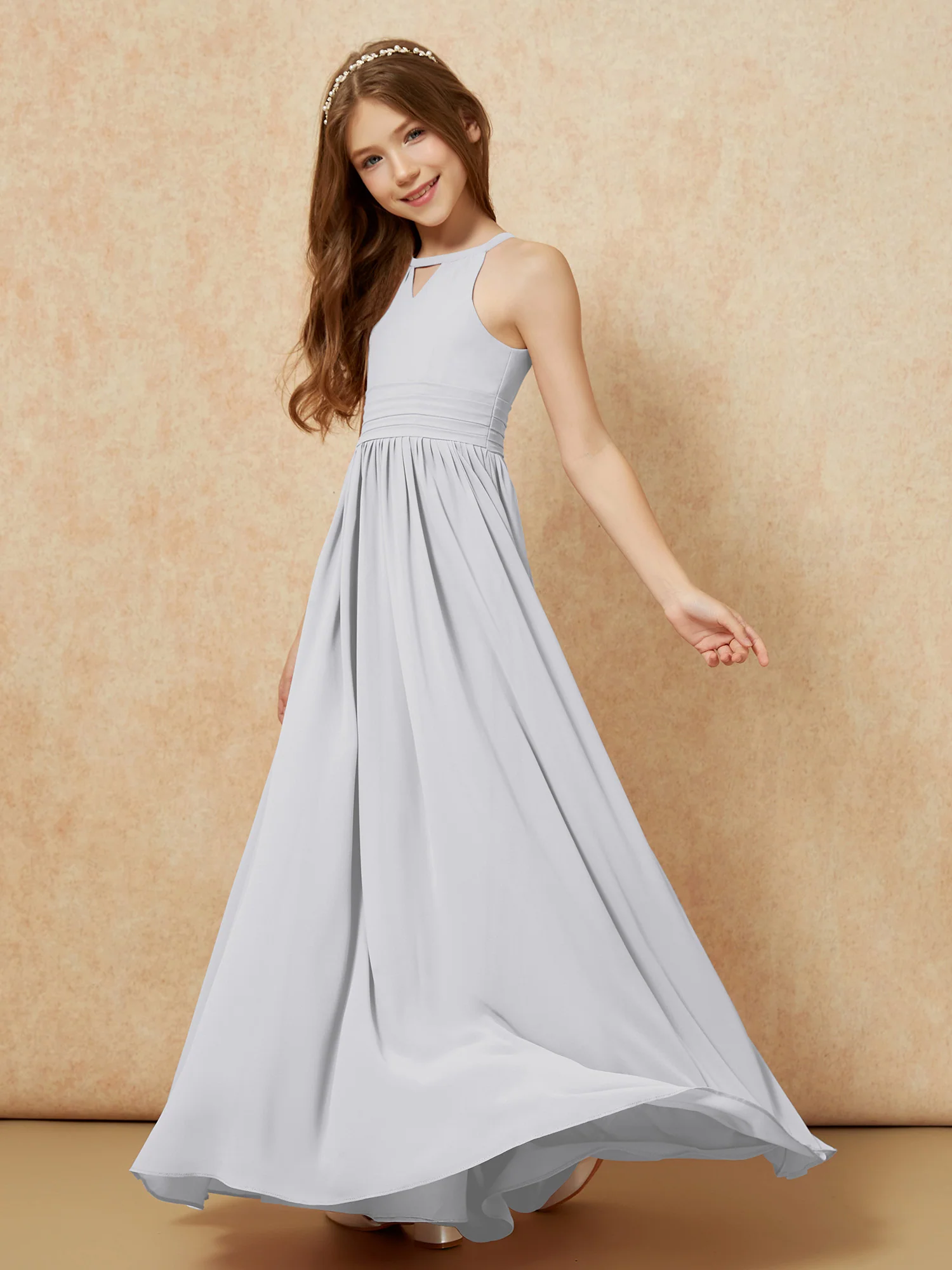 Halter Sleeveless Long Chiffon Junior Bridesmaid Dress Silver - Image 3