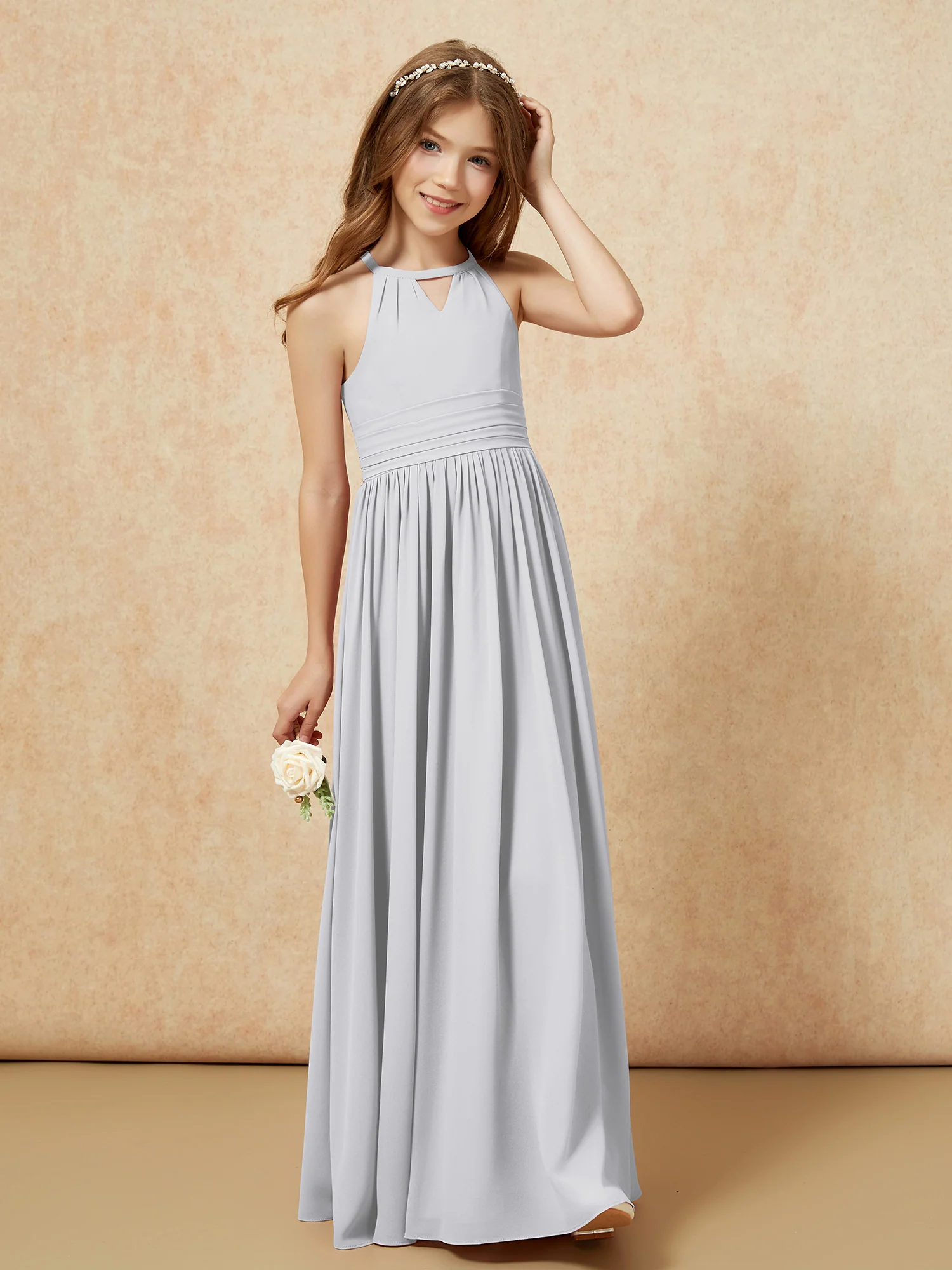 Halter Sleeveless Long Chiffon Junior Bridesmaid Dress Silver - Image 4