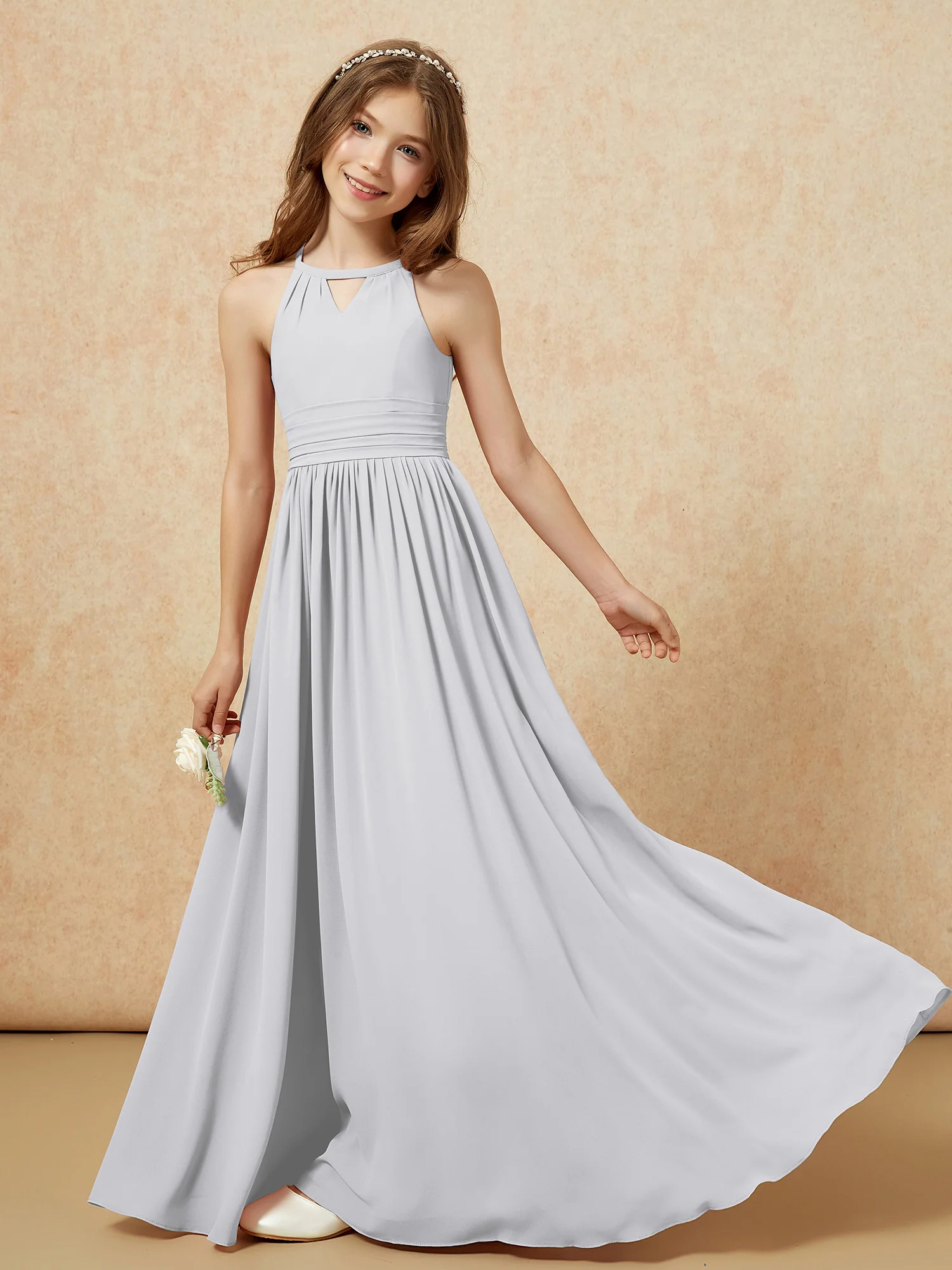 Halter Sleeveless Long Chiffon Junior Bridesmaid Dress Silver - Image 6