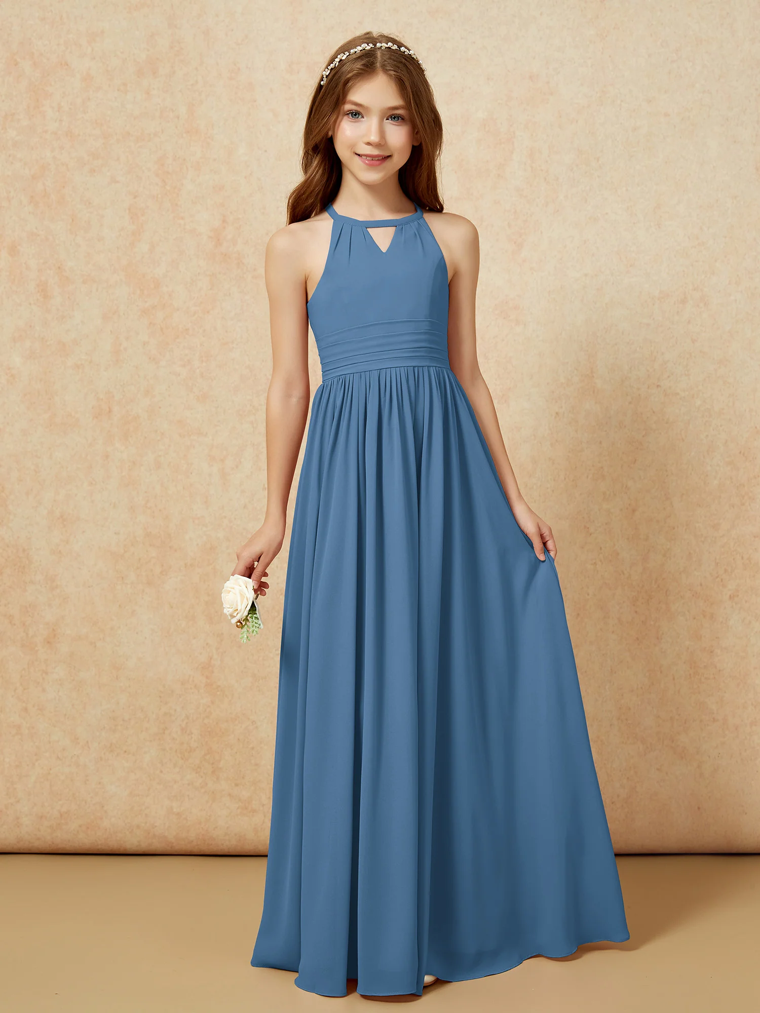 Halter Sleeveless Long Chiffon Junior Bridesmaid Dress Slate Blue