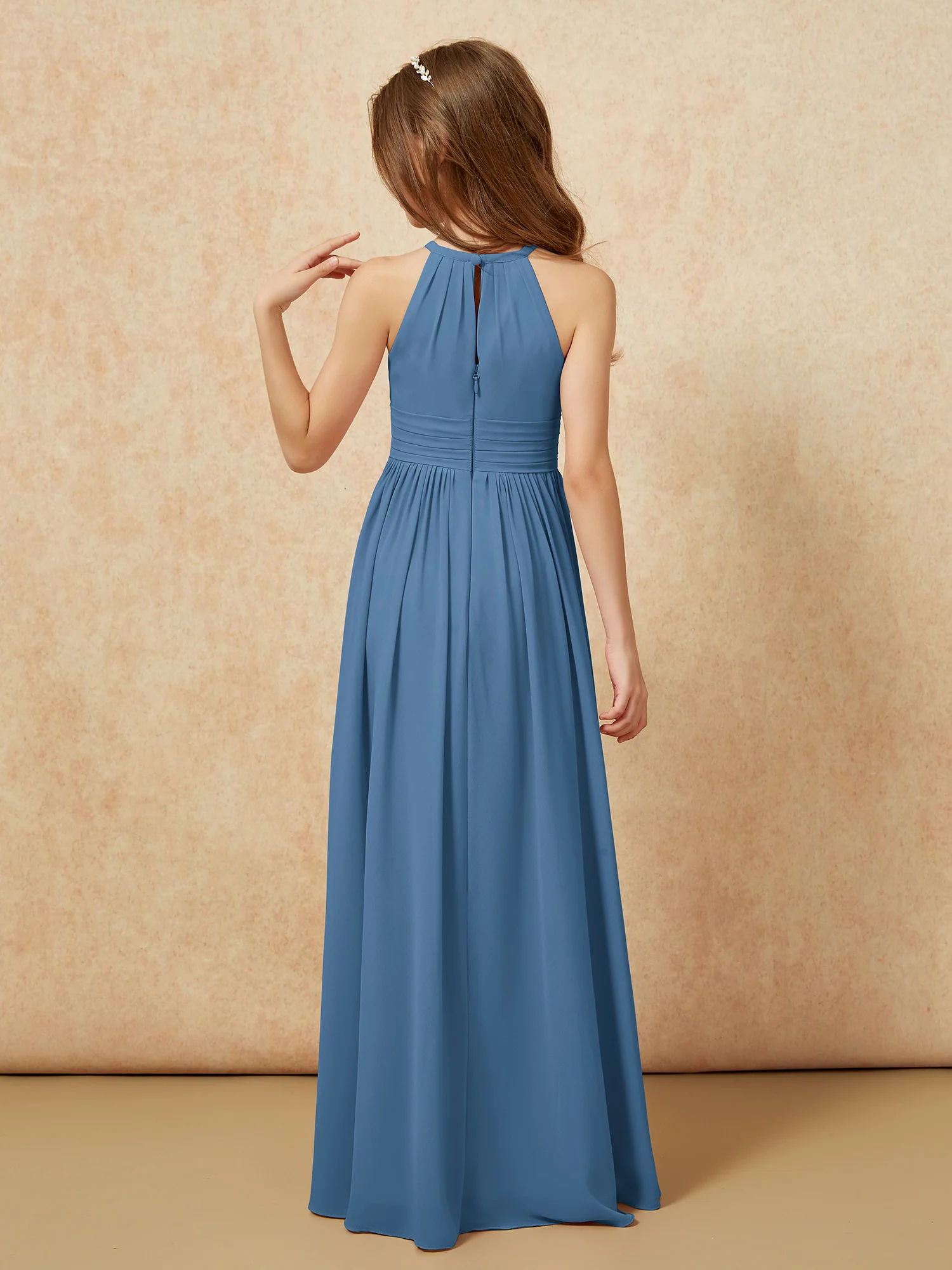 Halter Sleeveless Long Chiffon Junior Bridesmaid Dress Slate Blue - Image 2