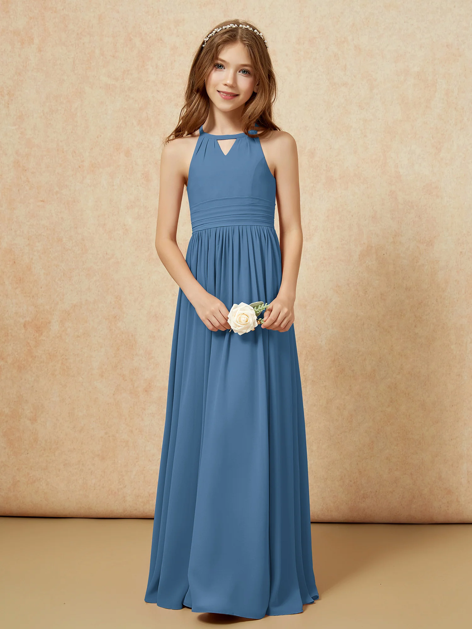 Halter Sleeveless Long Chiffon Junior Bridesmaid Dress Slate Blue - Image 5