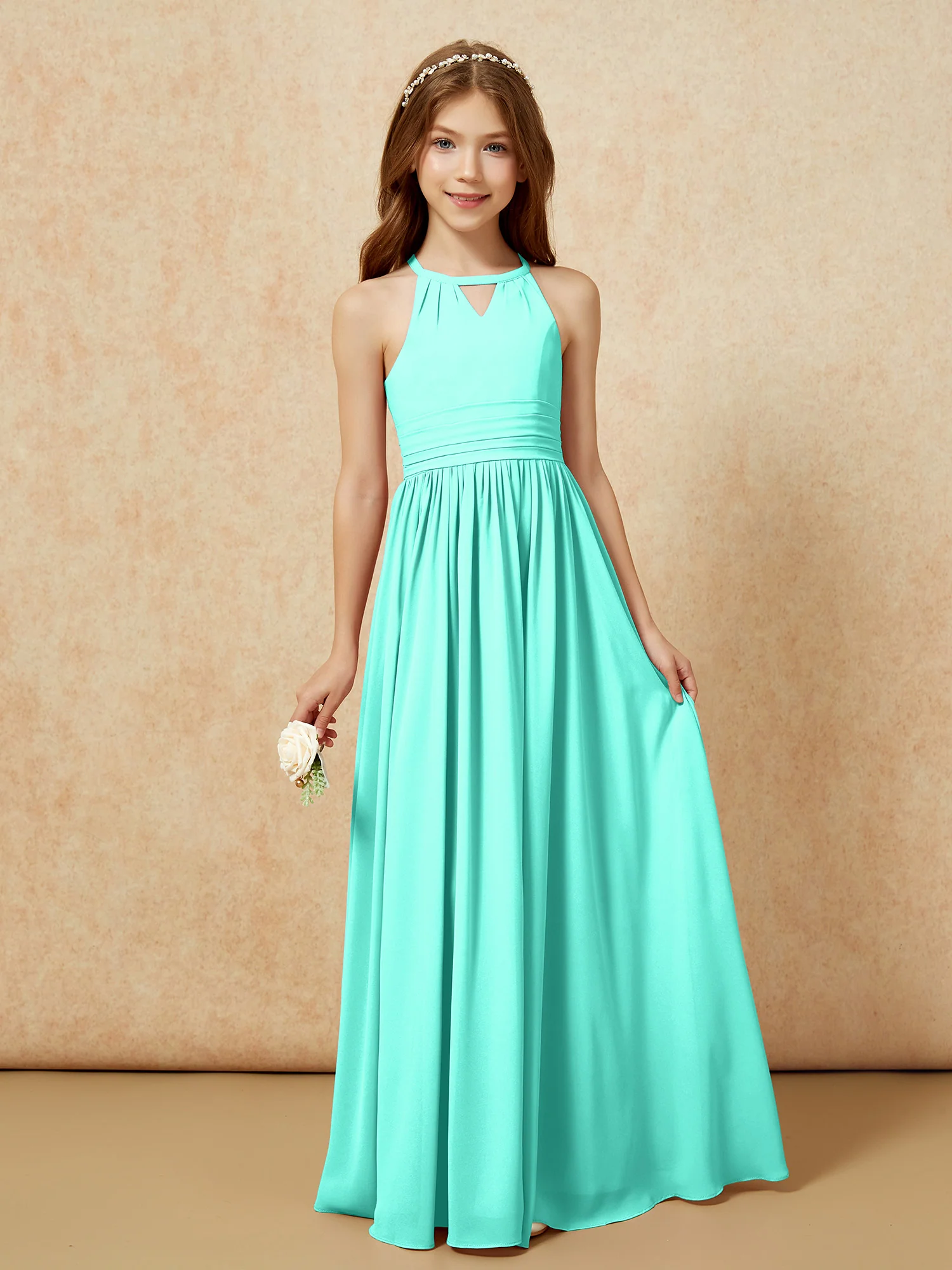 Halter Sleeveless Long Chiffon Junior Bridesmaid Dress Spa