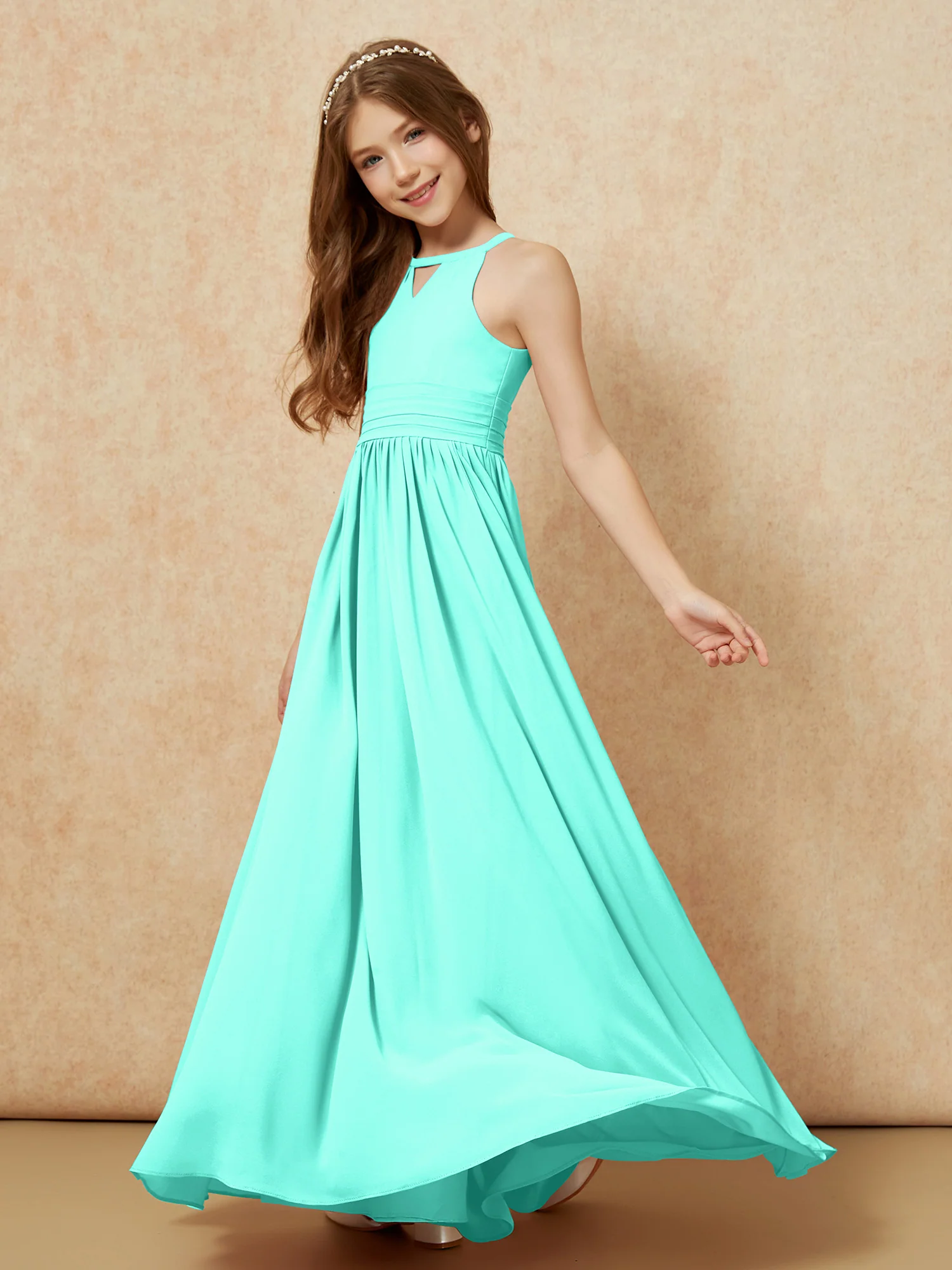 Halter Sleeveless Long Chiffon Junior Bridesmaid Dress Spa - Image 3