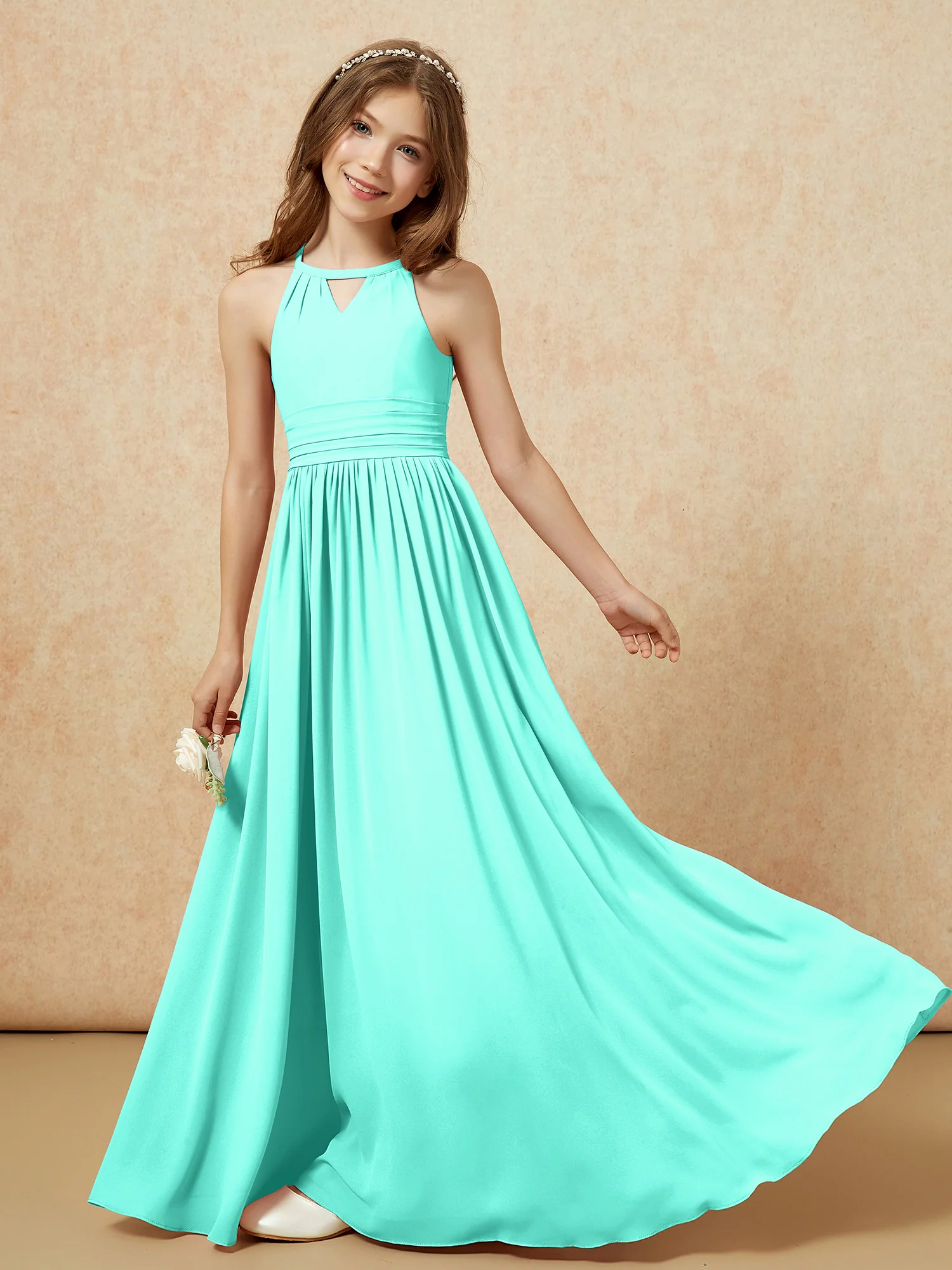 Halter Sleeveless Long Chiffon Junior Bridesmaid Dress Spa - Image 6
