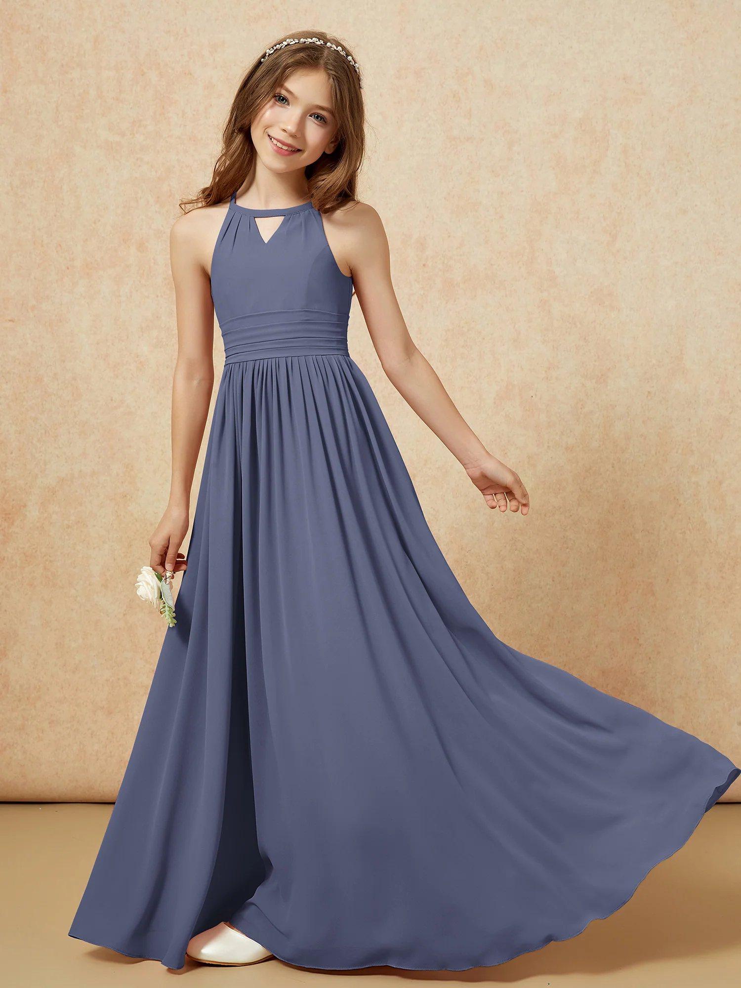 Halter Sleeveless Long Chiffon Junior Bridesmaid Dress Stormy - Image 6