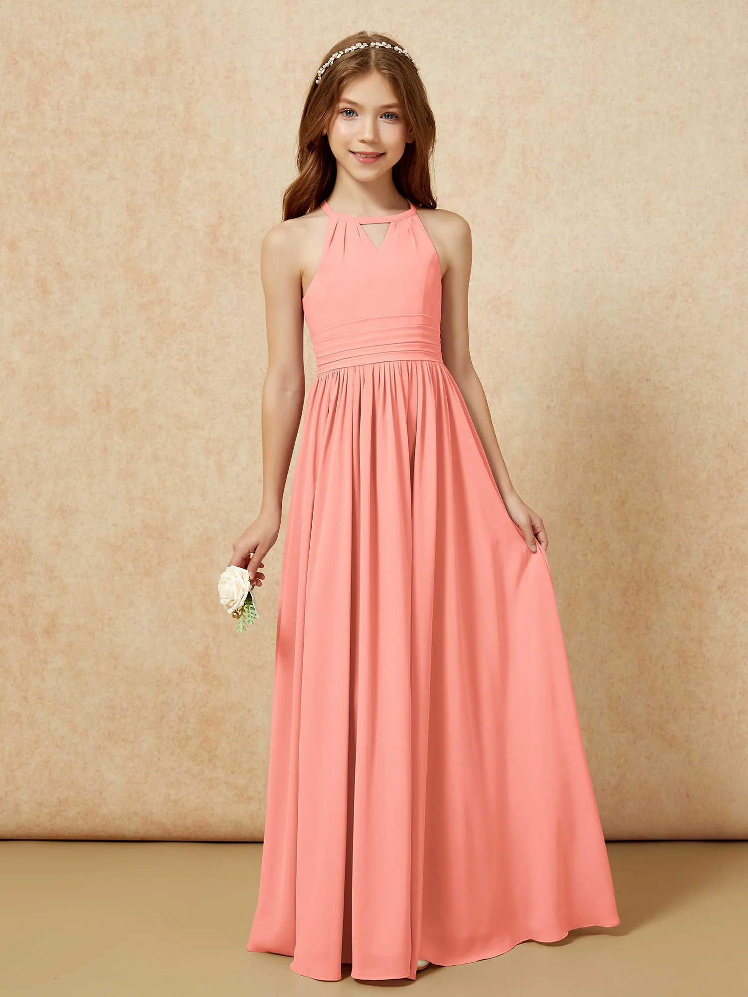 Halter Sleeveless Long Chiffon Junior Bridesmaid Dress Sunset