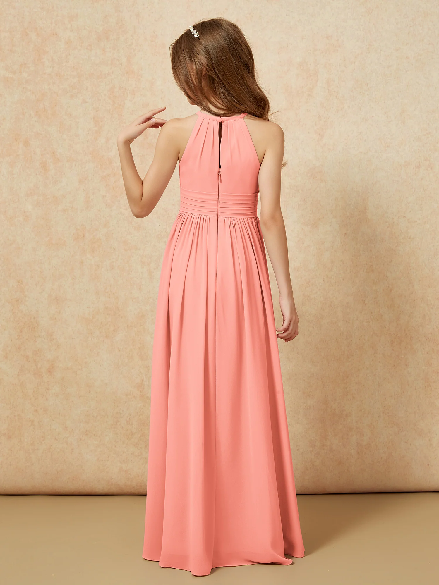 Halter Sleeveless Long Chiffon Junior Bridesmaid Dress Sunset - Image 2