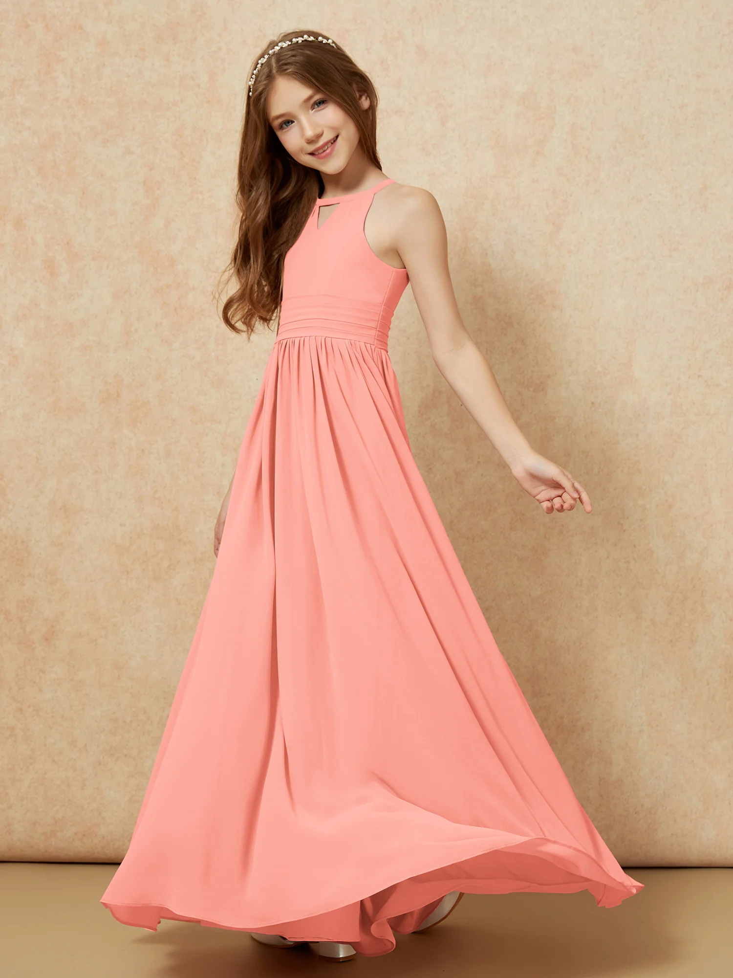 Halter Sleeveless Long Chiffon Junior Bridesmaid Dress Sunset - Image 3
