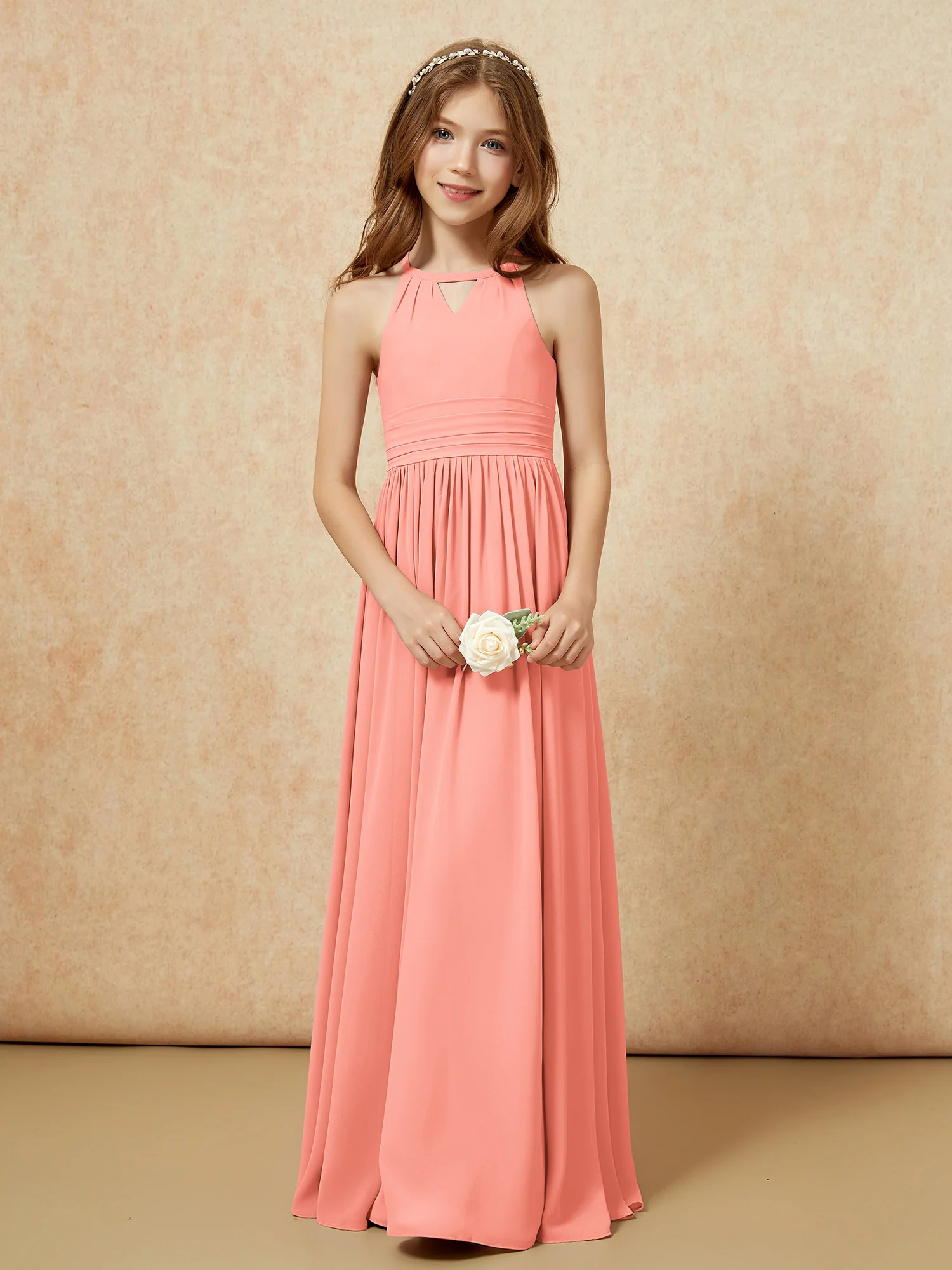 Halter Sleeveless Long Chiffon Junior Bridesmaid Dress Sunset - Image 5