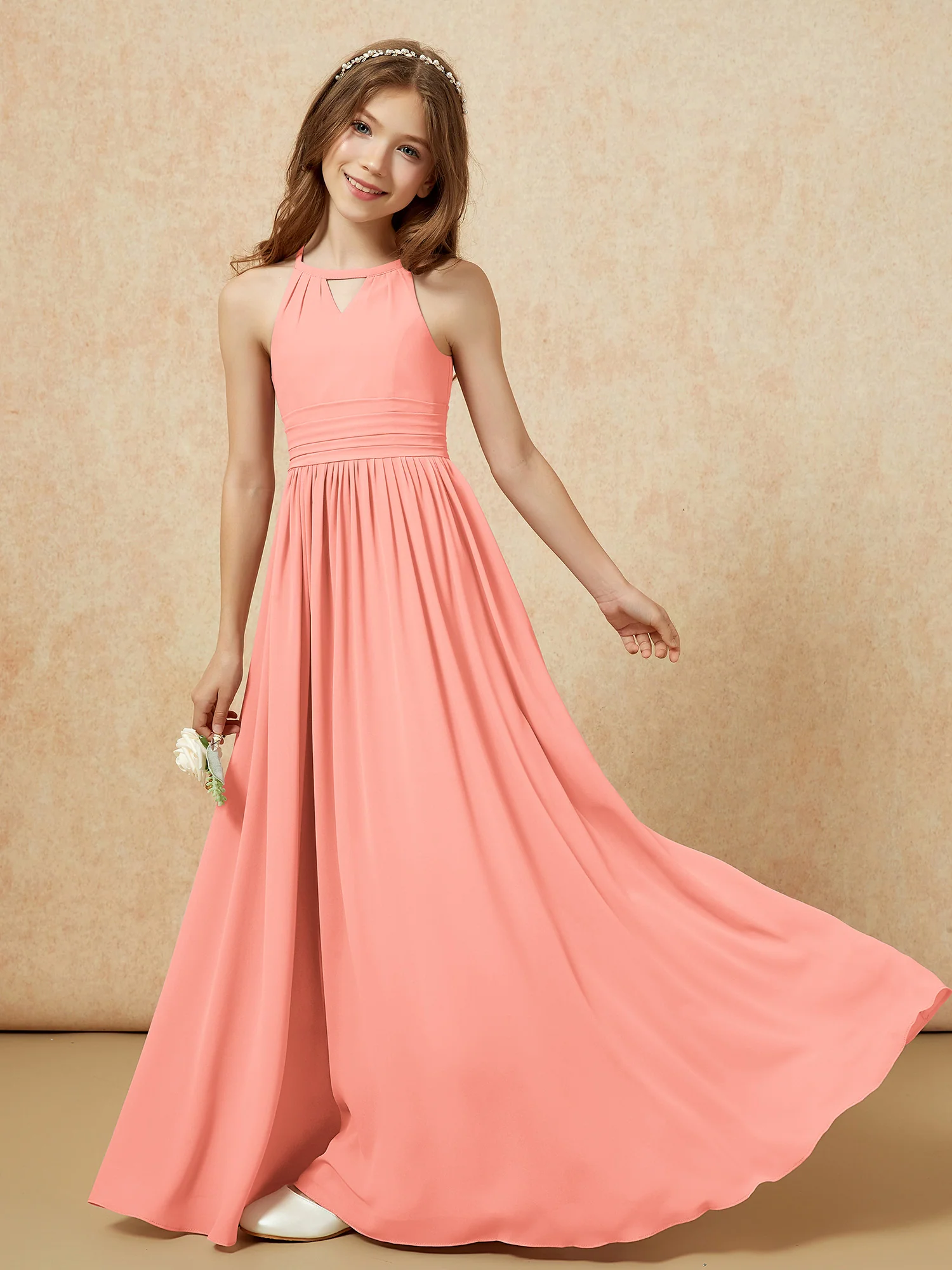 Halter Sleeveless Long Chiffon Junior Bridesmaid Dress Sunset - Image 6