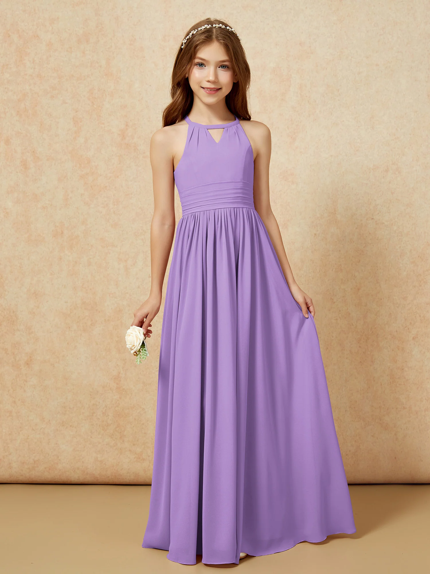 Halter Sleeveless Long Chiffon Junior Bridesmaid Dress Tahiti