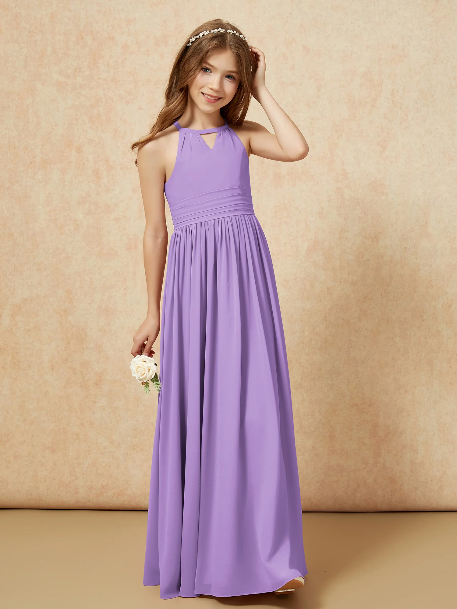Halter Sleeveless Long Chiffon Junior Bridesmaid Dress Tahiti - Image 4