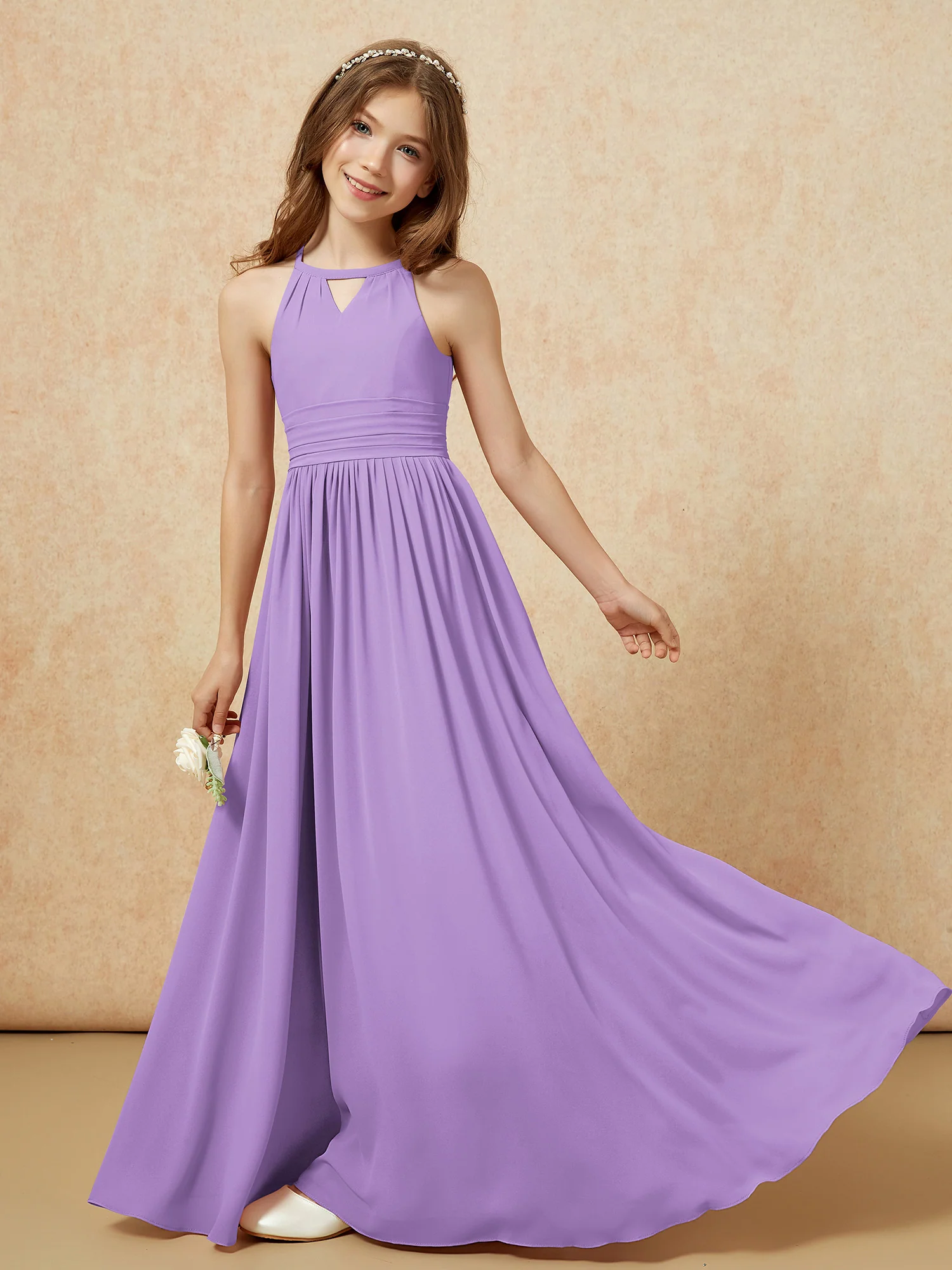 Halter Sleeveless Long Chiffon Junior Bridesmaid Dress Tahiti - Image 6